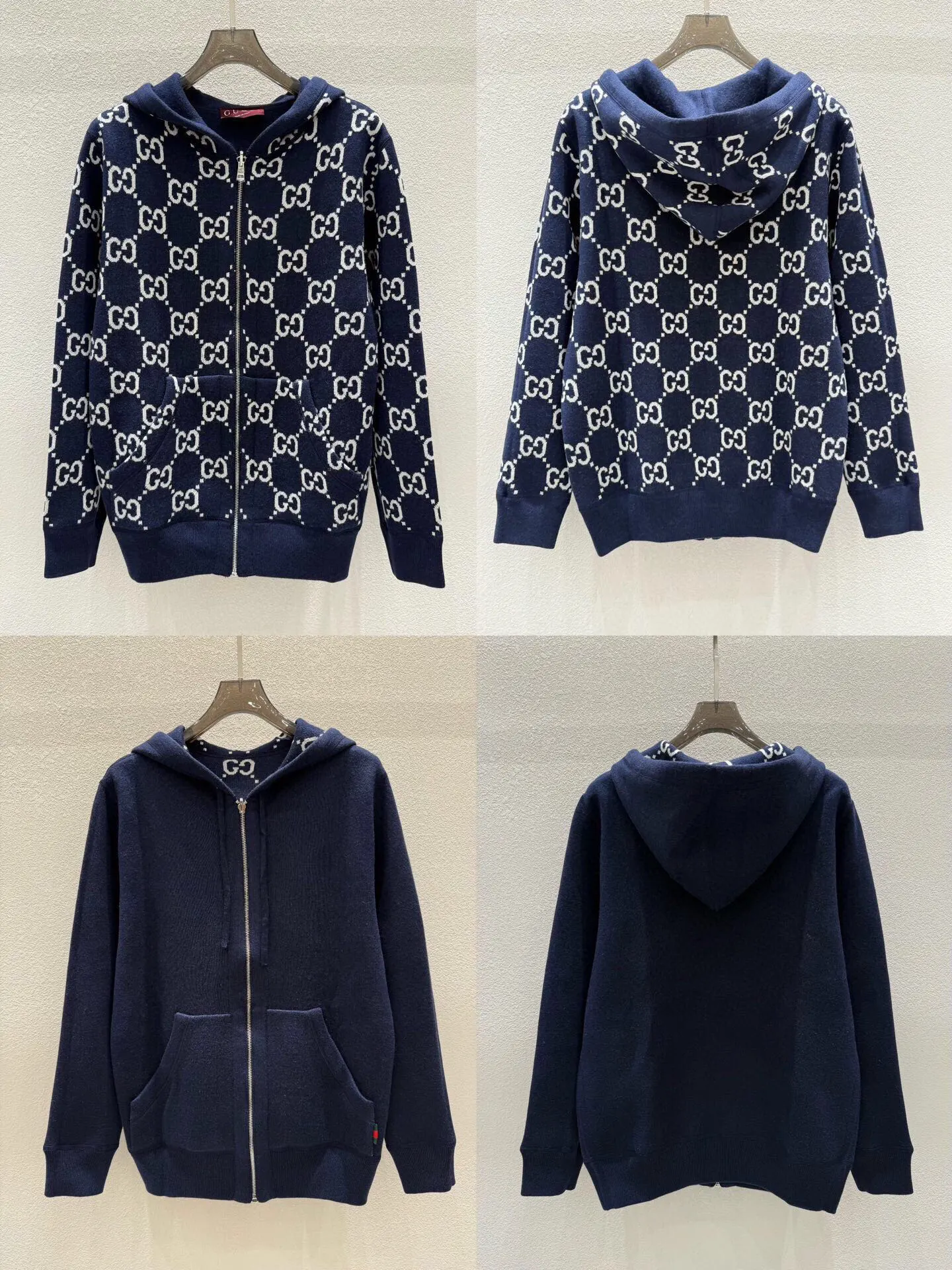 💰285(ZP版本) 双面🉑️穿 -Gucci经典款 双面可穿不同风格👍双C提花羊绒混纺连帽毛衣外套 男女同款 -采用ZP定制定染羊绒毛线98%羊绒成分面料 螺纹同缸定染零色差 全套辅料定制 区别市面通货 欢迎对比 -颜色 灰色 宝蓝色 -码数 S M L XL