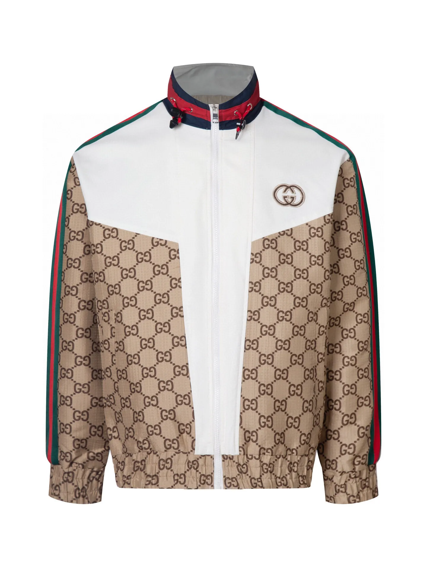 💰325 (只做精品 内有NFC防伪芯片🔥ZP版本 ) -Gucci官网款同步上新 梭织拼接织带精工提花立领刺绣夹克外套 男女同款 -YB开模面料细节一致 全套辅料定制 区别市面通货 欢迎对比 -颜色 卡其色 蓝色 -码数 S M L XL XXL