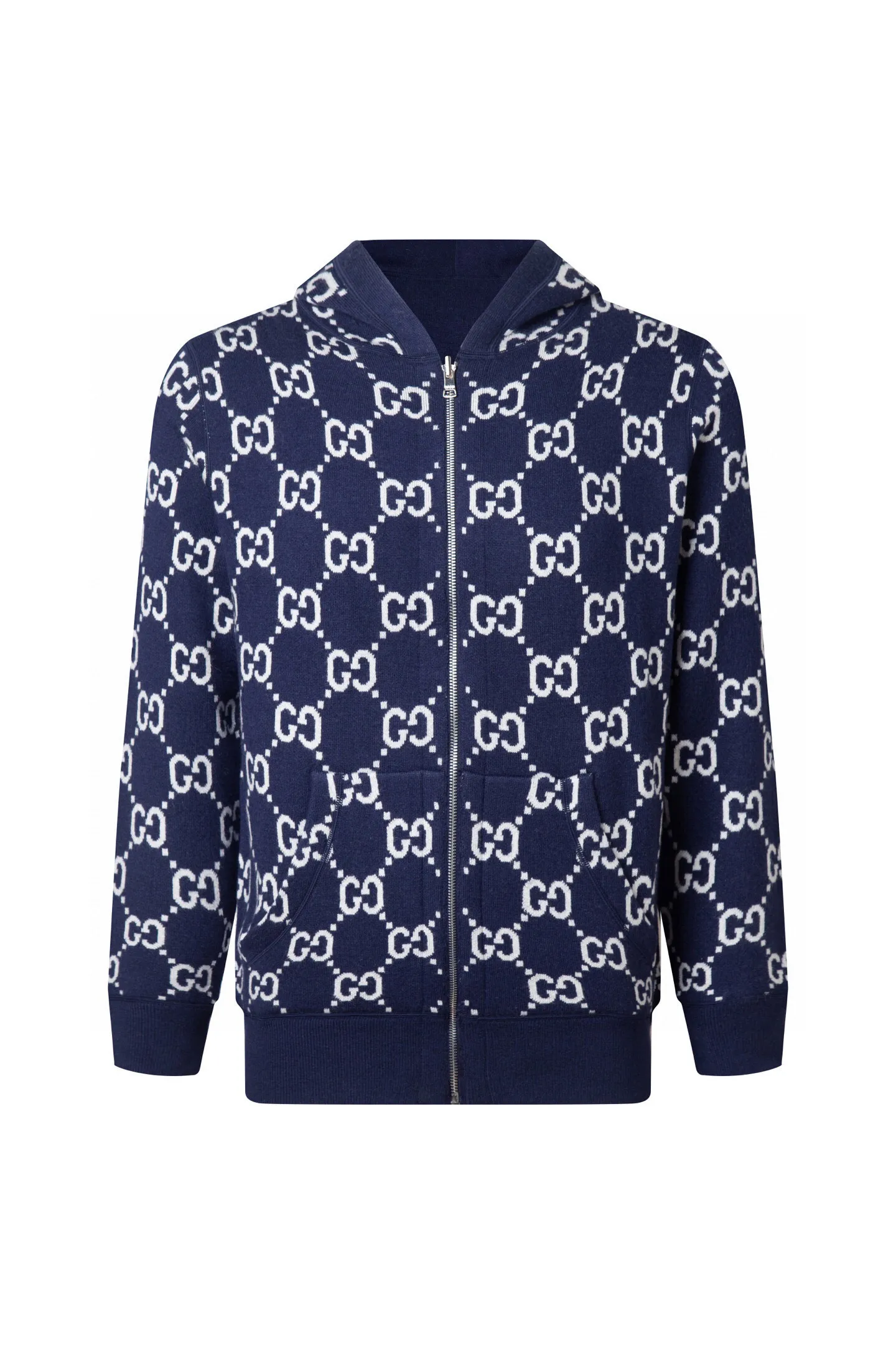 💰285(ZP版本) 双面🉑️穿 -Gucci经典款 双面可穿不同风格👍双C提花羊绒混纺连帽毛衣外套 男女同款 -采用ZP定制定染羊绒毛线98%羊绒成分面料 螺纹同缸定染零色差 全套辅料定制 区别市面通货 欢迎对比 -颜色 灰色 宝蓝色 -码数 S M L XL