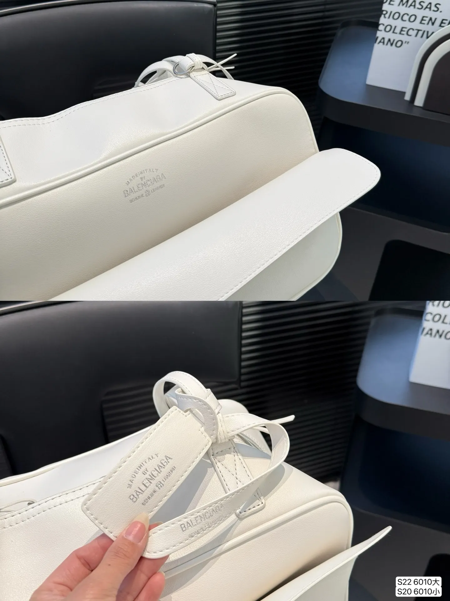 大号P160 小号P150 巴黎世家 腋下包 Carrie 上新:巴黎世家腋下包Carrie~ 新推出的保龄球系列真的鲨疯了!!独特弧形包身上身辨识度直接拉满 双提手设计超贴心上身优雅大方，亦可单肩背随性自在大小两个尺寸满足出行需求 尺寸：大37 20 小32 13 货号6010