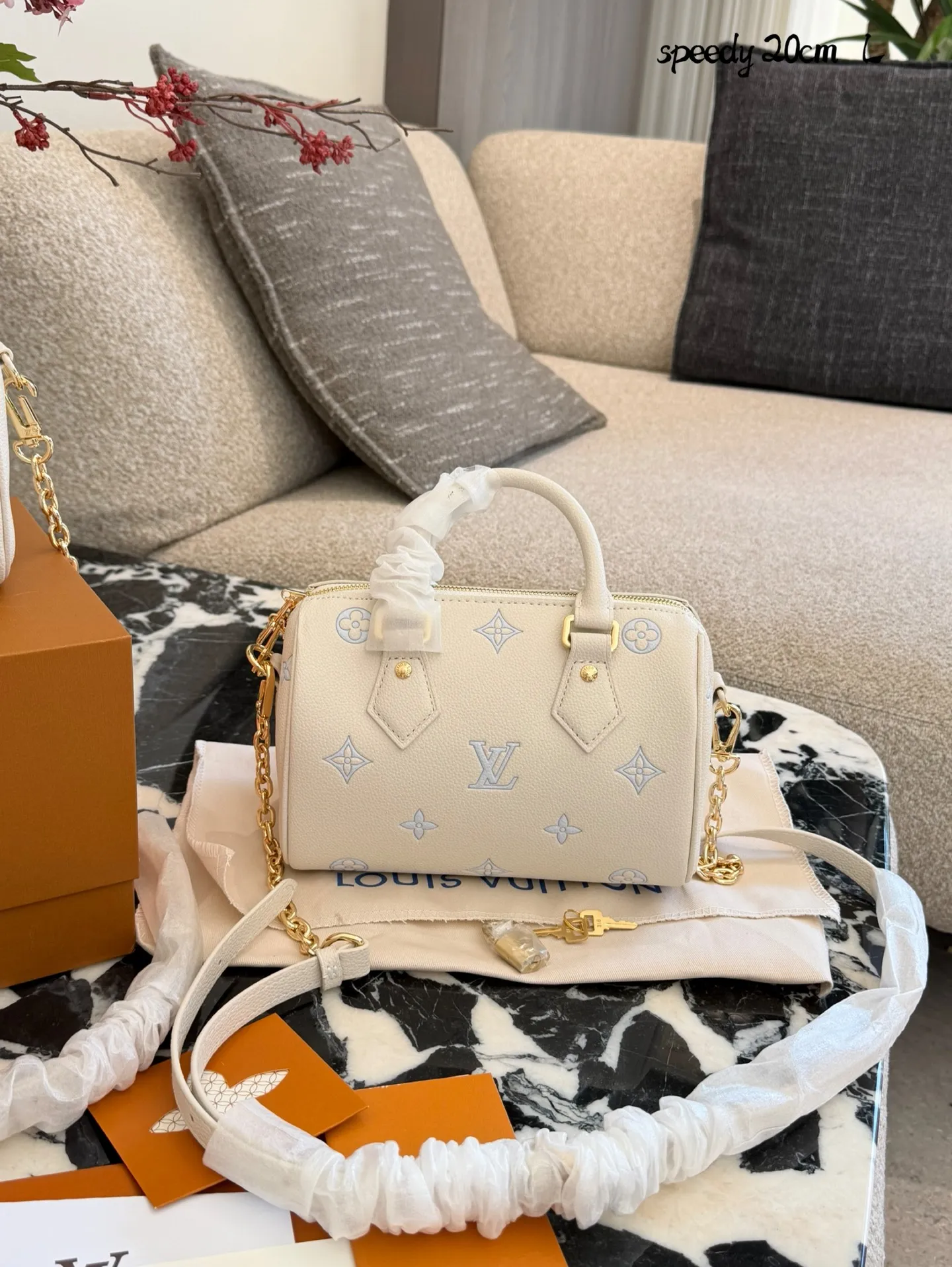 LV Speedy 20手袋p180 LV Speedy 20手袋，白色粒面牛皮+浅绿Monogram刺绣，清新优雅超有辨识度!金属锁扣+链条肩带，手提斜挎都OK，日常通勤、休闲出街都能轻松驾驭汁。内部空间合理，手机钱包都能装，实用又时髦，是LV经典系列的热门款，时尚感满分!