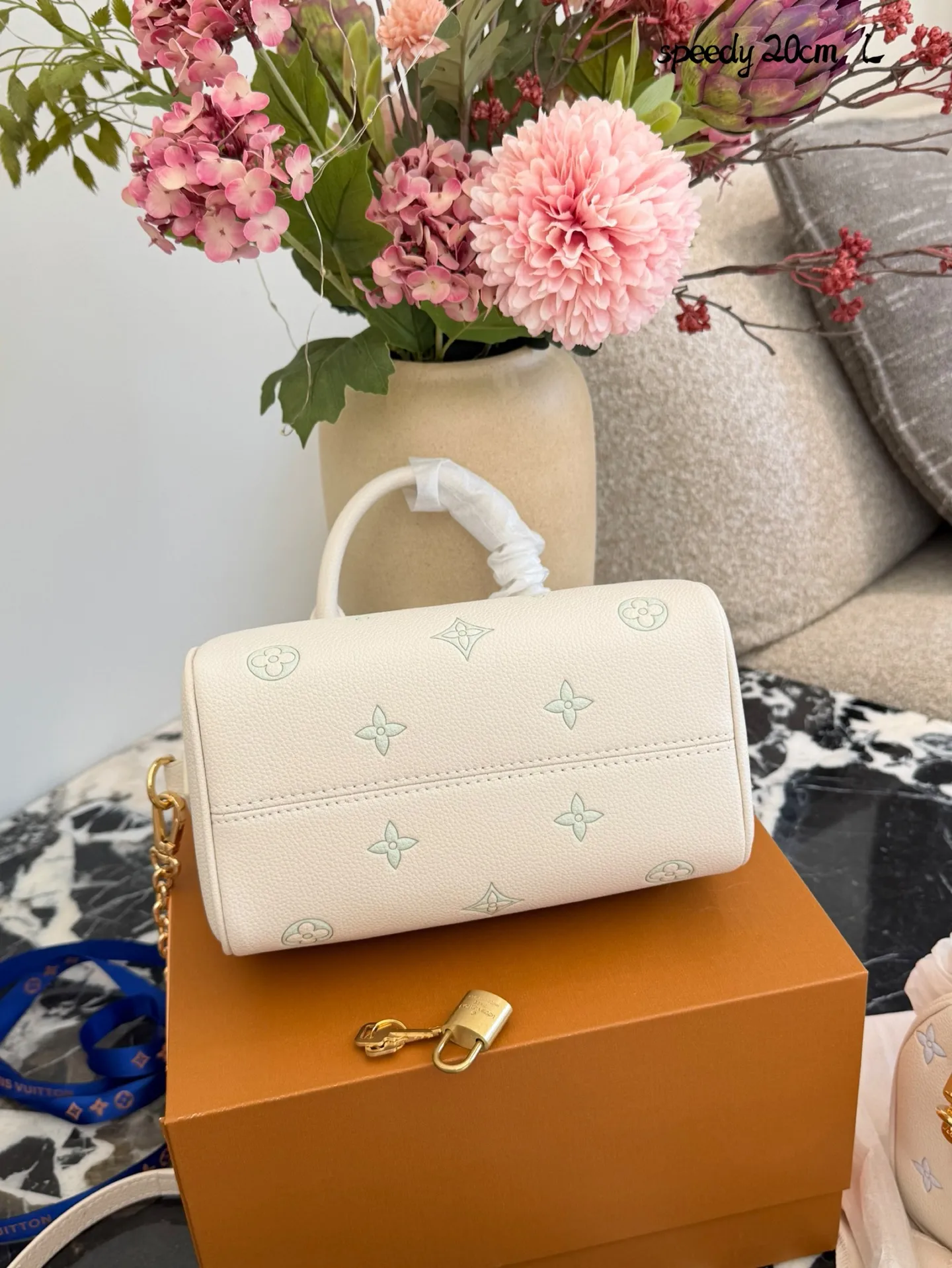 LV Speedy 20手袋p180 LV Speedy 20手袋,白色粒面牛皮+浅绿Monogram刺绣,清新优雅超有辨识度!金属锁扣+链条肩带,手提斜挎都OK,日常通勤、休闲出街都能轻松驾驭汁。内部空间合理,手机钱包都能装,实用又时髦,是LV经典系列的热门款,时尚感满分!