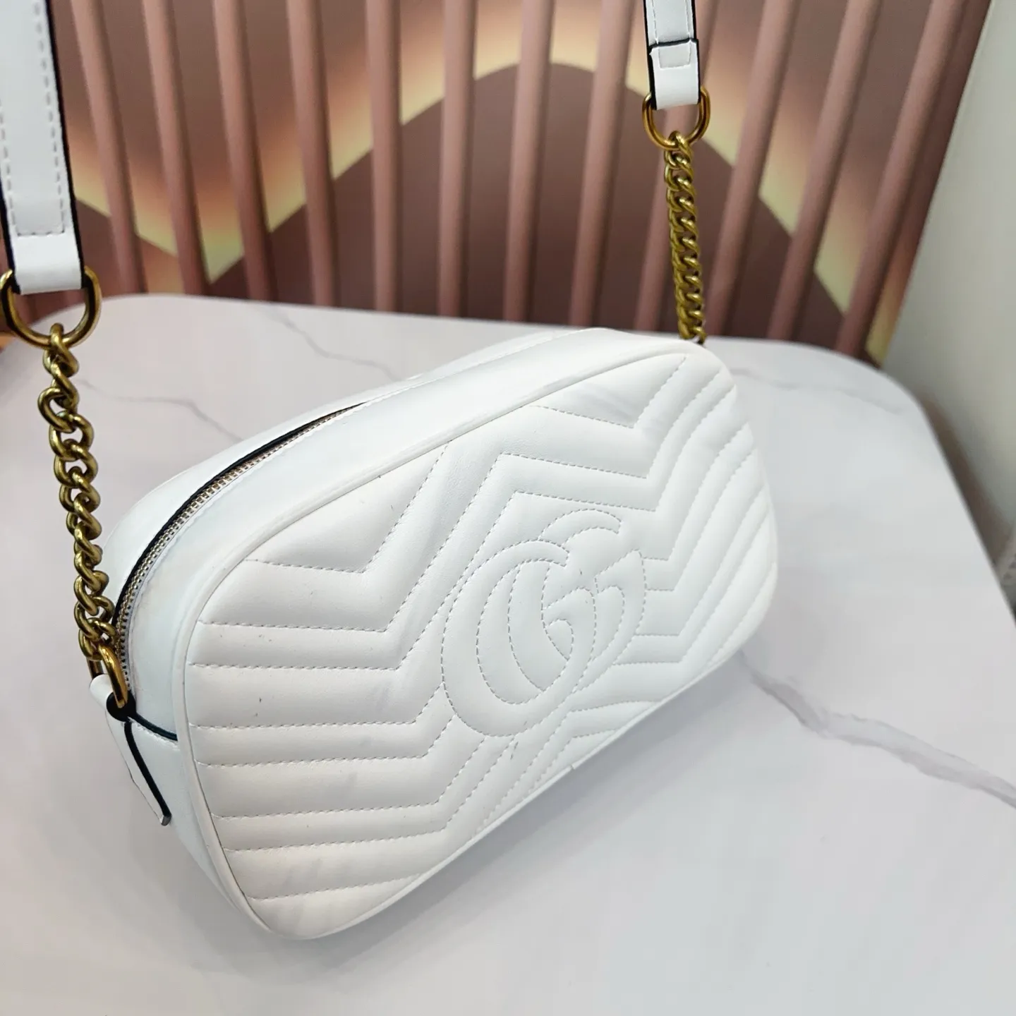 p100 配折叠盒 酷奇Guccimarmont经典款黑色双G相机包全皮波浪纹腰包单肩包斜挎包拉链包! 尺寸24.14cm。q