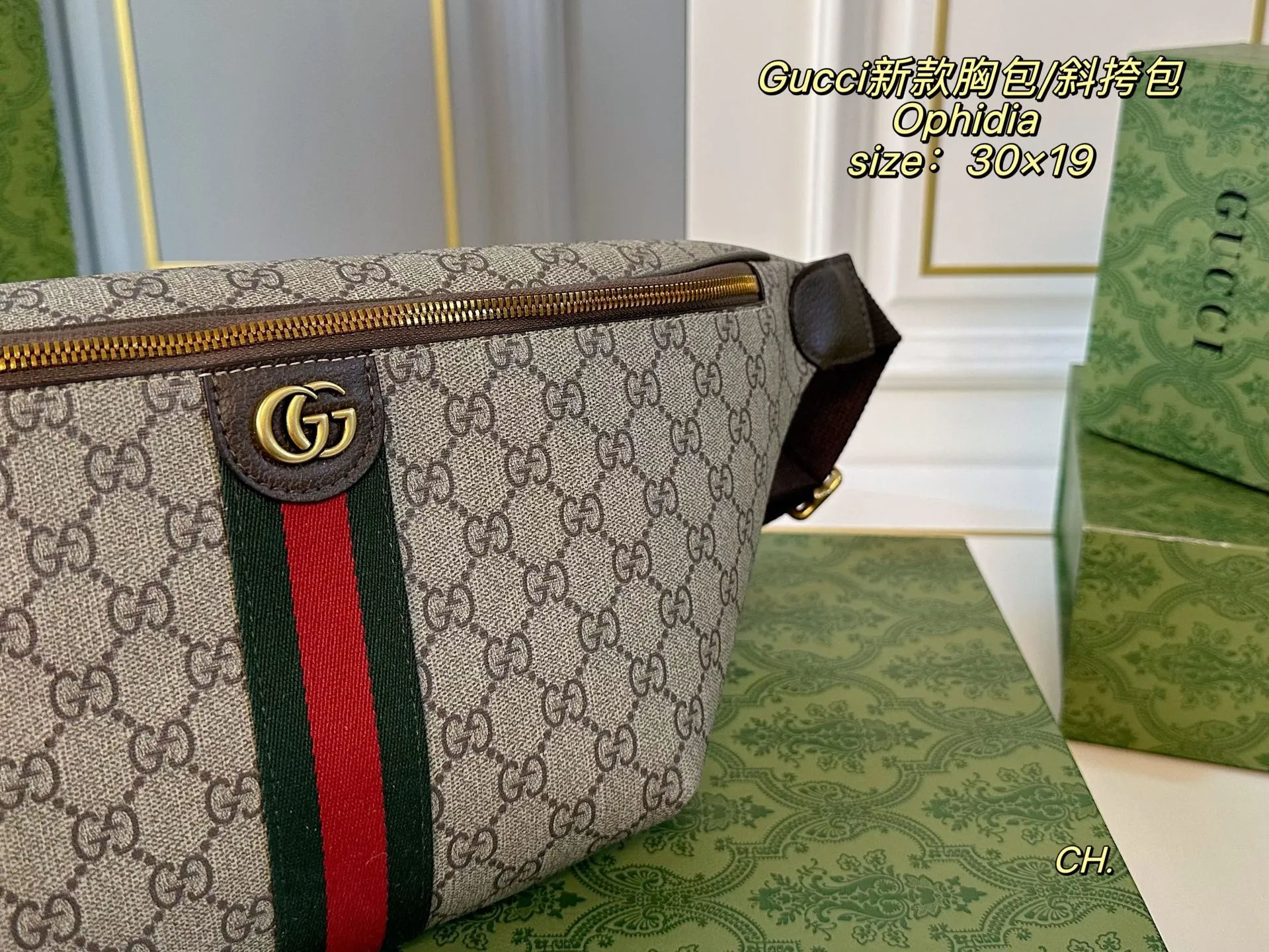 P120（配盒） size：30&times;19 Gucci 古驰新款Ophidia 胸包/斜挎包💕 腰包设计不仅实用, 还增强了整体设计感！ 日常搭配不同衣着都可以， 男女通用，上身造型感很赞！