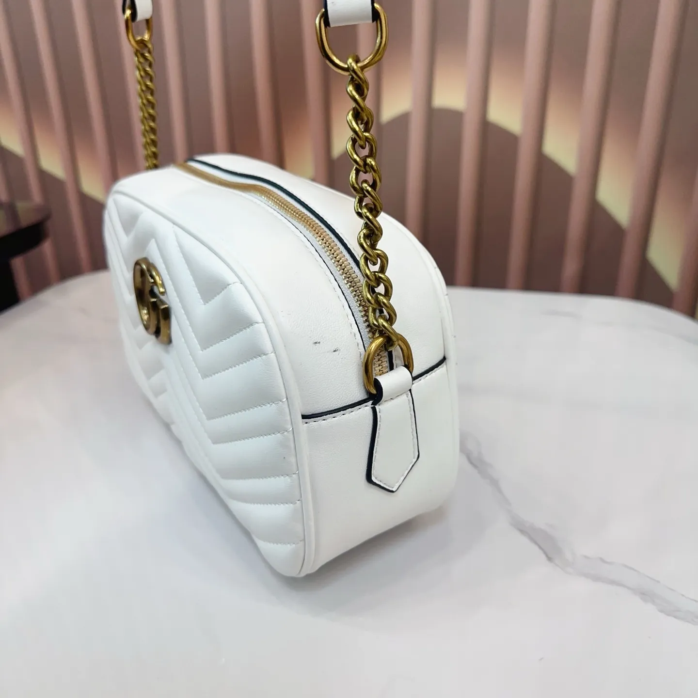 p100 配折叠盒 酷奇Guccimarmont经典款黑色双G相机包全皮波浪纹腰包单肩包斜挎包拉链包! 尺寸24.14cm。q