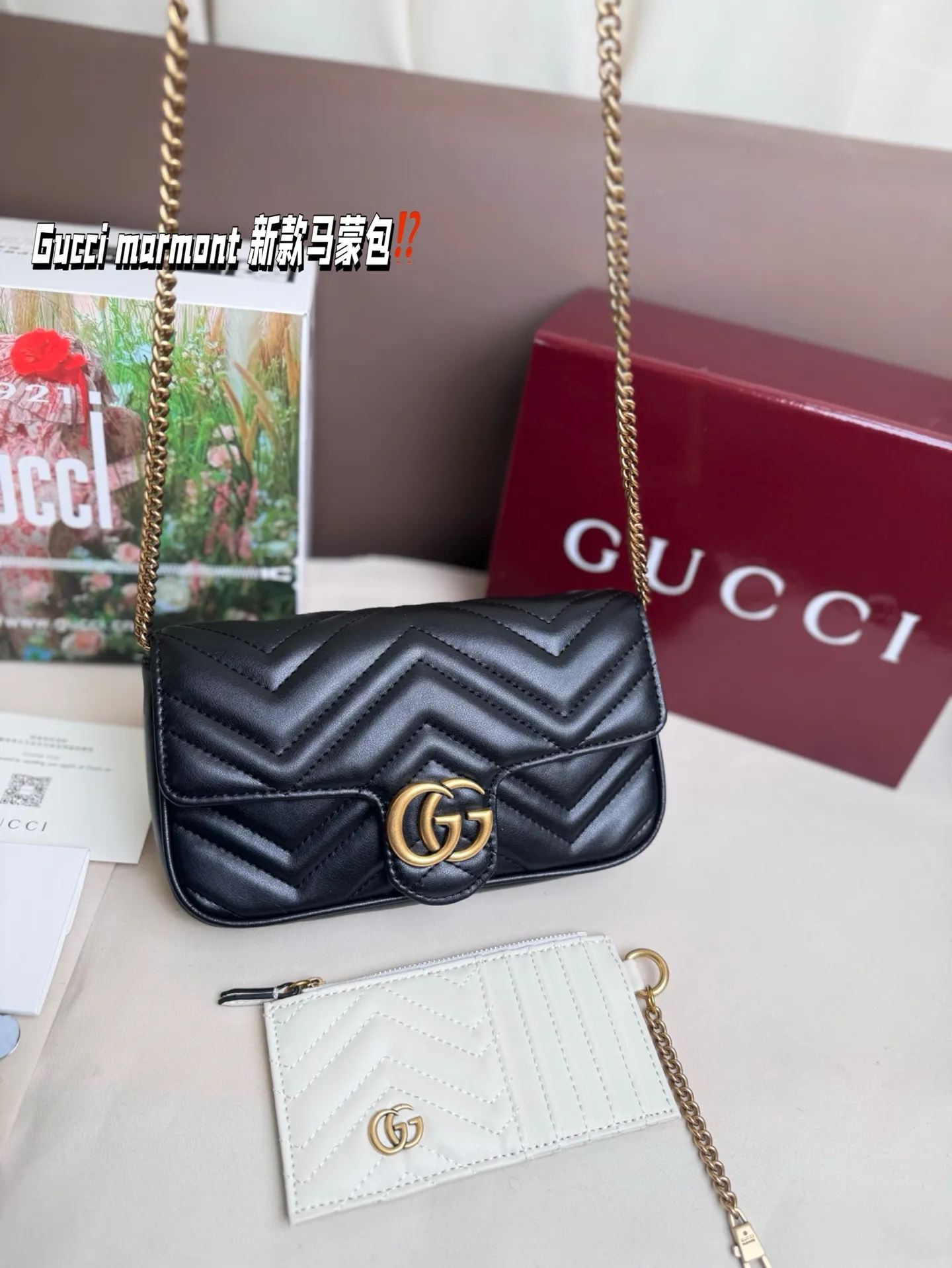 P170 size：22*13cm Gucci marmont 新款 一定要入手的小马蒙包 marmont最最经典的双G 升级版牛皮 皮质！五金！对纹！完美！