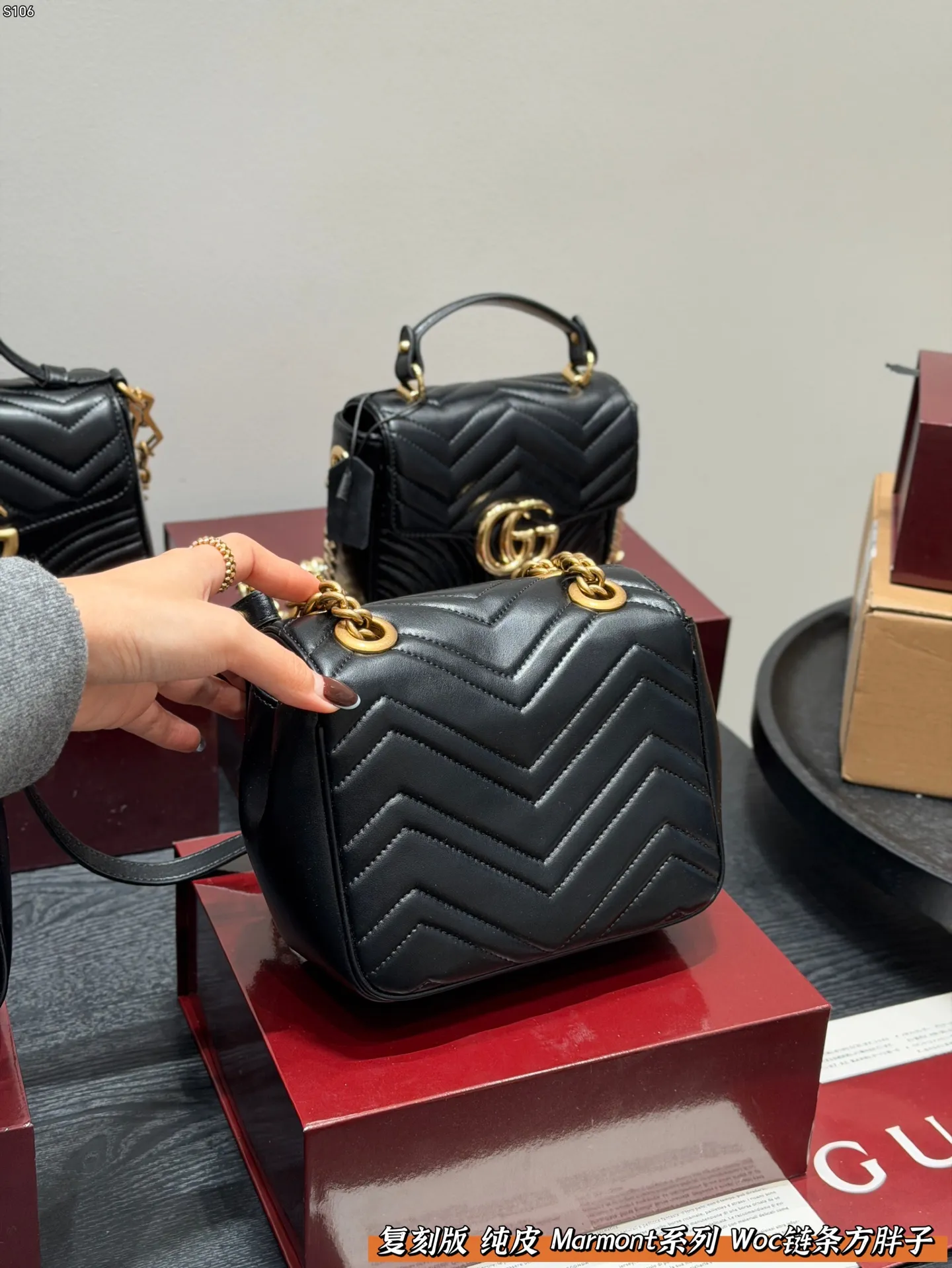 P160 全套礼盒 复刻版 纯皮！ size: 18.17cm Gucci 新款 marmont woc 链条方胖子马蒙包链条包 波浪纹绗缝 好经典‼️ 质量很好 性价比高 宝宝们 绝对绝对的下一个爆款✔️