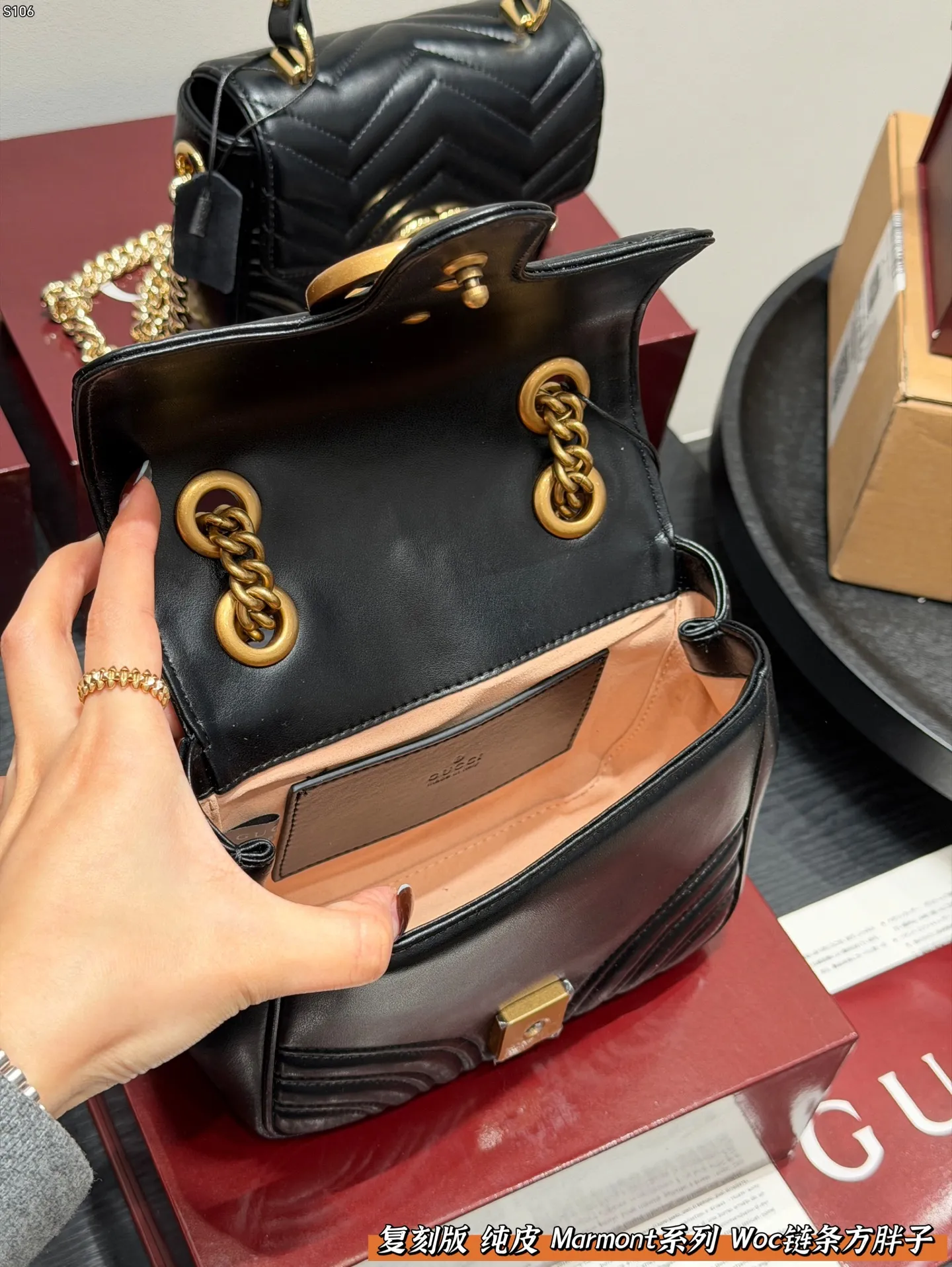 P160 全套礼盒 复刻版 纯皮！ size: 18.17cm Gucci 新款 marmont woc 链条方胖子马蒙包链条包 波浪纹绗缝 好经典‼️ 质量很好 性价比高 宝宝们 绝对绝对的下一个爆款✔️
