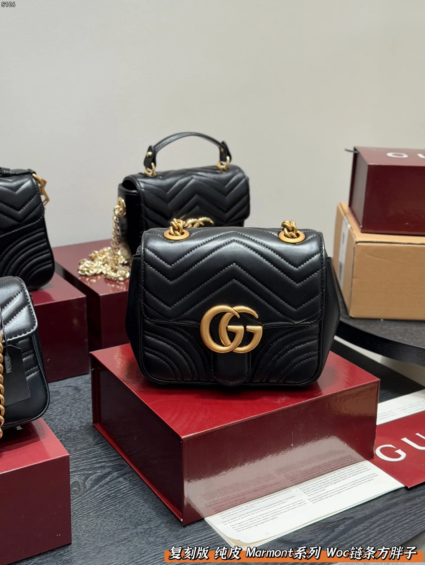 P160 全套礼盒 复刻版 纯皮! size: 18.17cm Gucci 新款 marmont woc 链条方胖子马蒙包链条包 波浪纹绗缝 好经典‼️ 质量很好 性价比高 宝宝们 绝对绝对的下一个爆款✔️