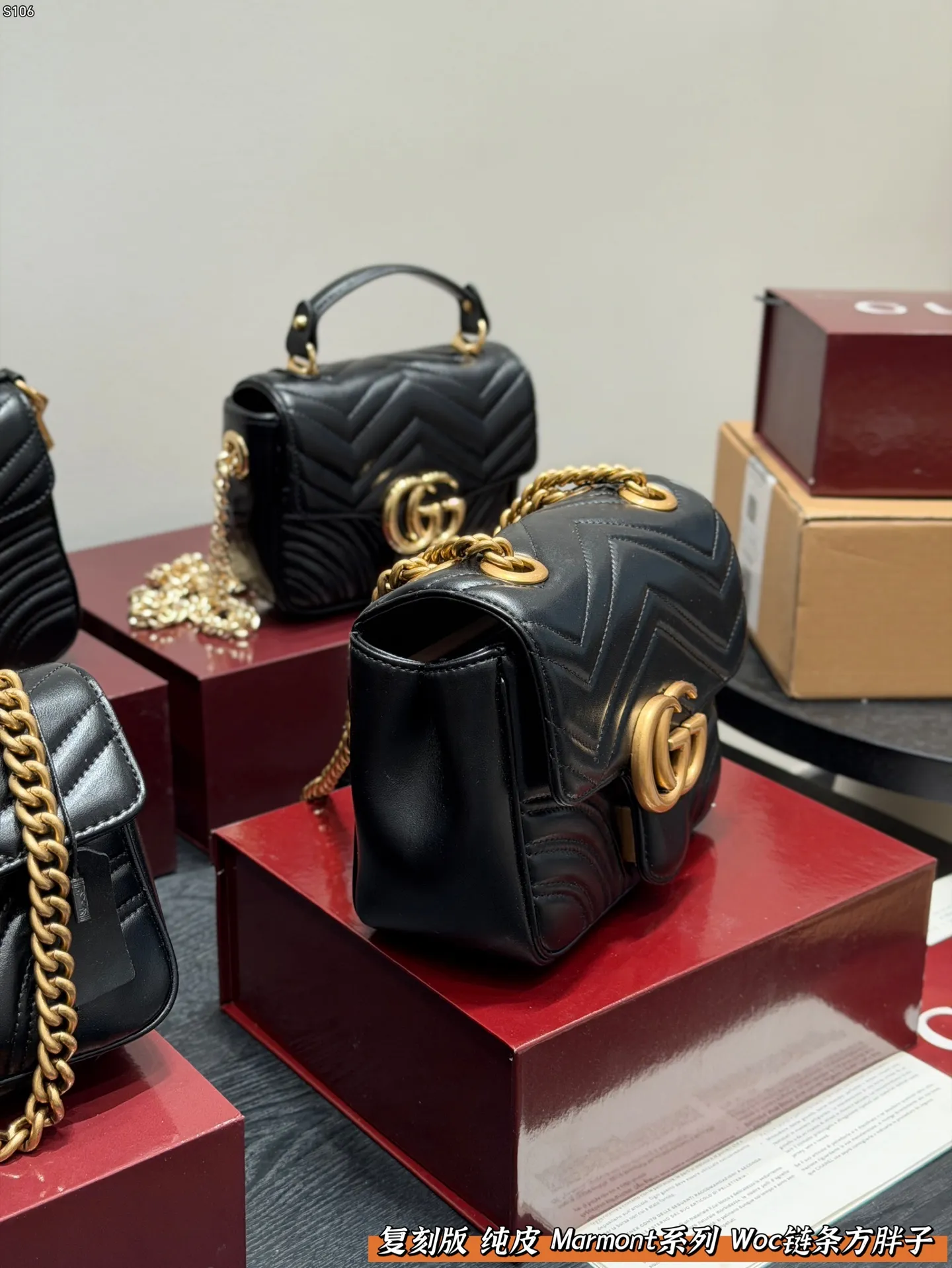 P160 全套礼盒 复刻版 纯皮! size: 18.17cm Gucci 新款 marmont woc 链条方胖子马蒙包链条包 波浪纹绗缝 好经典‼️ 质量很好 性价比高 宝宝们 绝对绝对的下一个爆款✔️