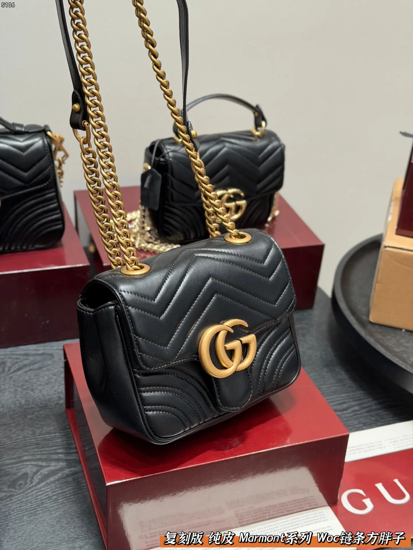 P160 全套礼盒 复刻版 纯皮! size: 18.17cm Gucci 新款 marmont woc 链条方胖子马蒙包链条包 波浪纹绗缝 好经典‼️ 质量很好 性价比高 宝宝们 绝对绝对的下一个爆款✔️