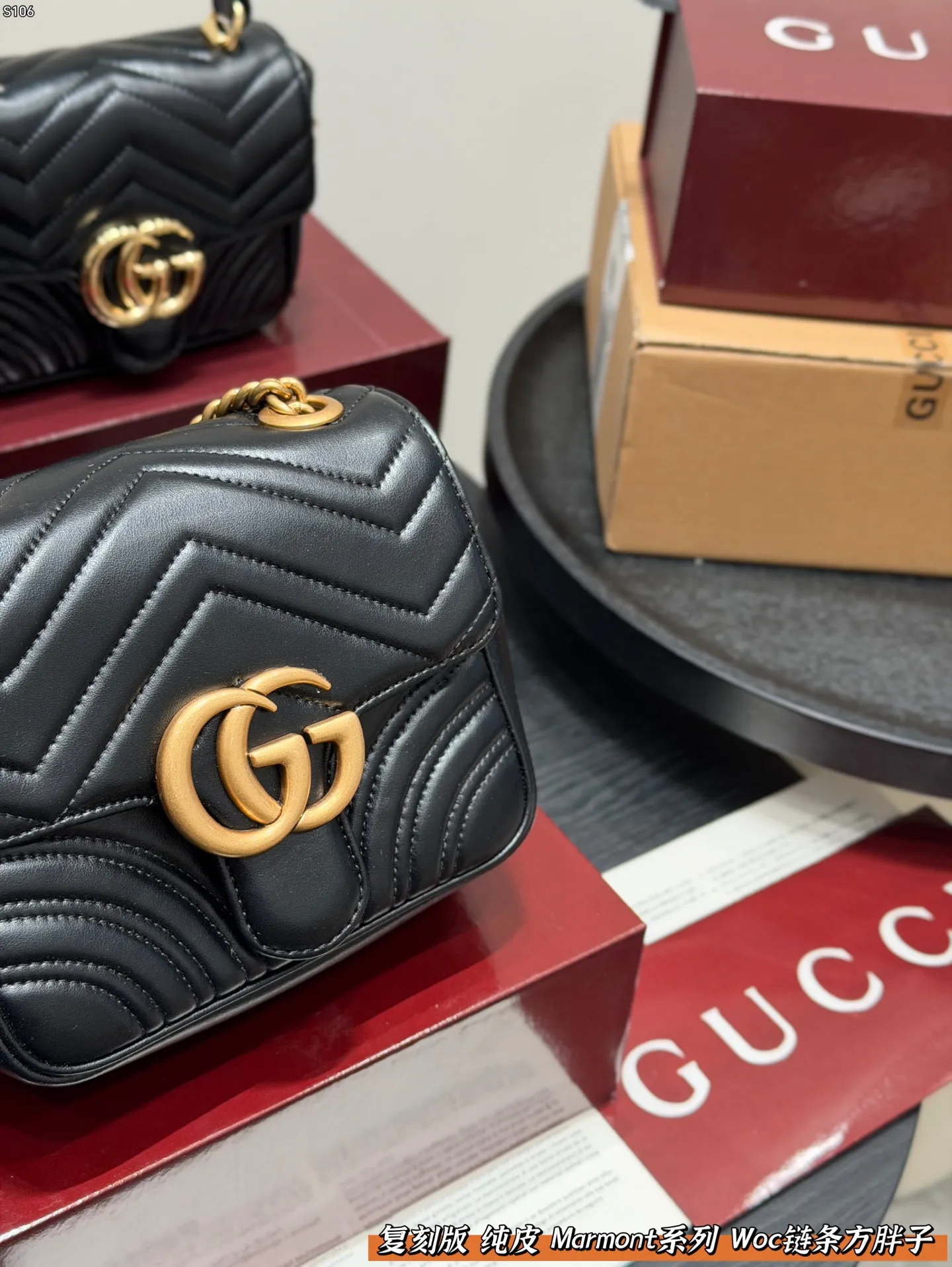 P160 全套礼盒 复刻版 纯皮！ size: 18.17cm Gucci 新款 marmont woc 链条方胖子马蒙包链条包 波浪纹绗缝 好经典‼️ 质量很好 性价比高 宝宝们 绝对绝对的下一个爆款✔️