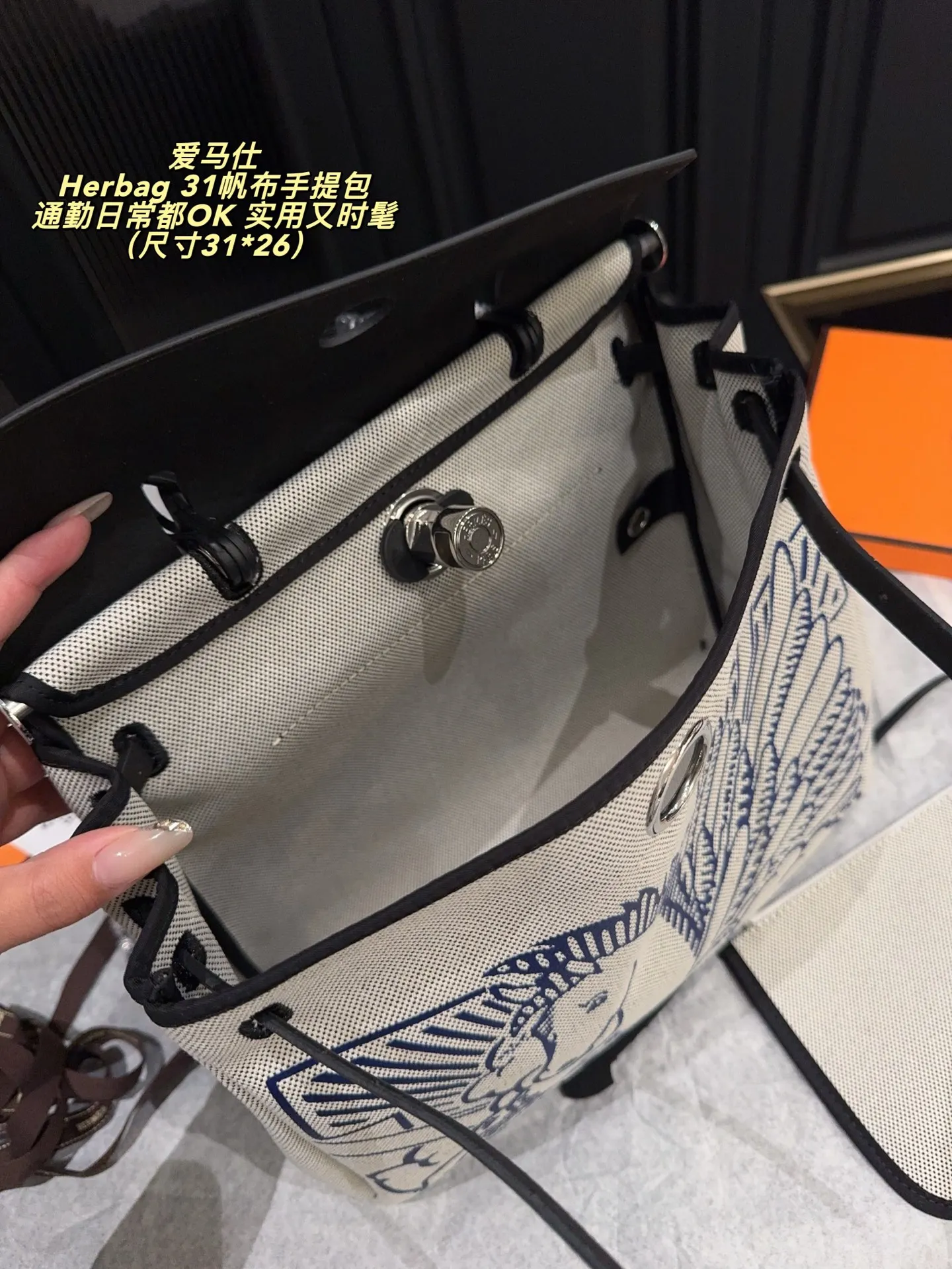 ✅纯皮P360无盒⚠️尺寸31*26 爱马仕Herbag 31帆布手提包 这款Herbag31飞马限量包,帆布拼接真皮,轻便耐用,31cm容量超能装,通勤日常都OK!飞马图案灵感来自希腊神话,寓意幸运与自由,蓝白配色+黑银五金,低调又有辦识度,男女都能背,实用又时髦,是爱马仕入门级热门款!