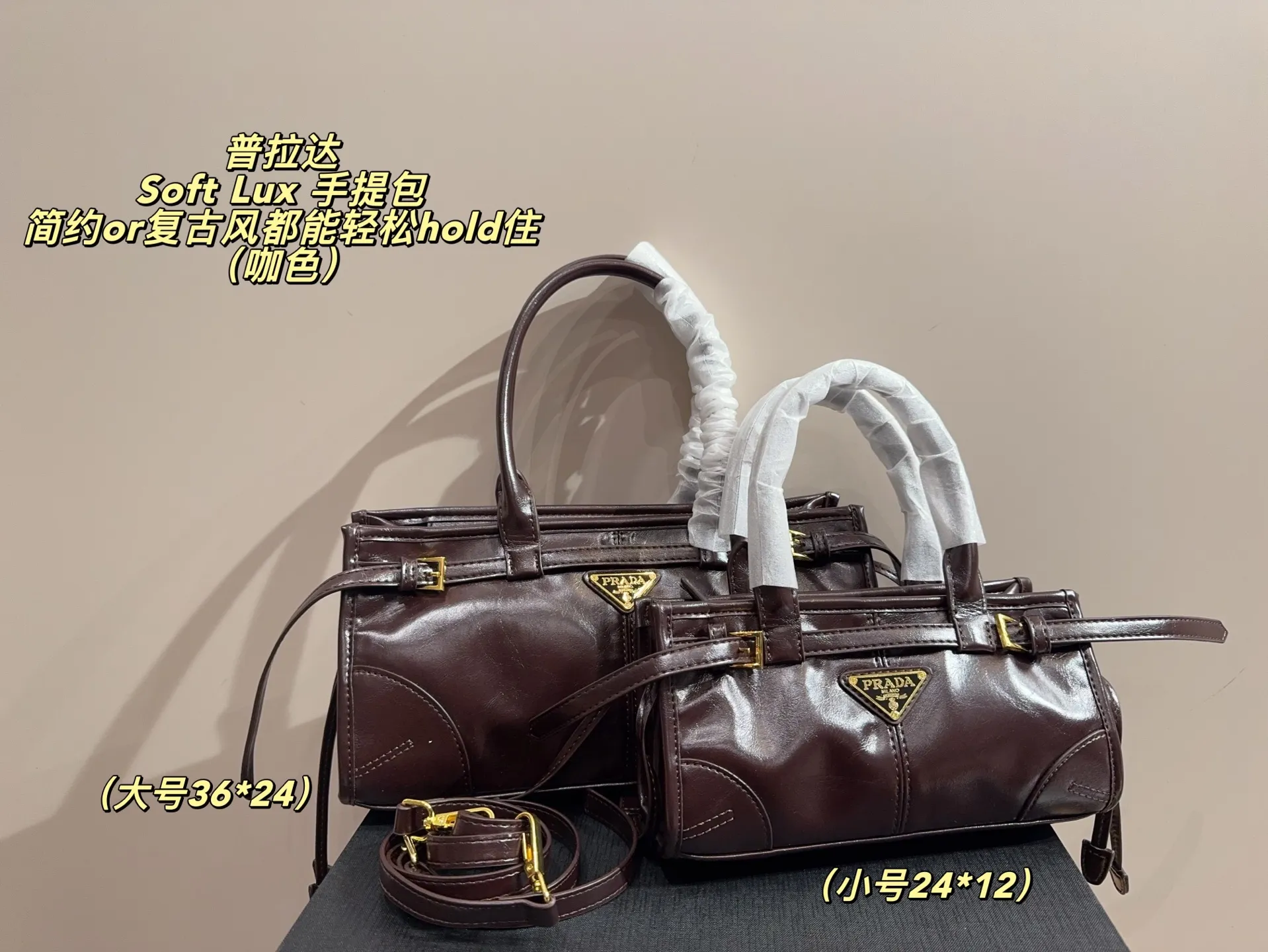 大号P165无盒⚠️尺寸32*14 小号P160无盒⚠️尺寸24*12 Prada 普拉达Soft Lux 手提包 柔软材质+经典三角Logo，低调又高级！短手柄设计，手提肩背都OK，通勤休闲都能驾驭✨。内部空间超能装，日常用品、小电器都能放下，实用又时髦。黑色质感满分，秋冬搭配深色系服饰超有范儿，简约or复古风都能轻松hold住，是功能与设计感兼具的时尚单品！