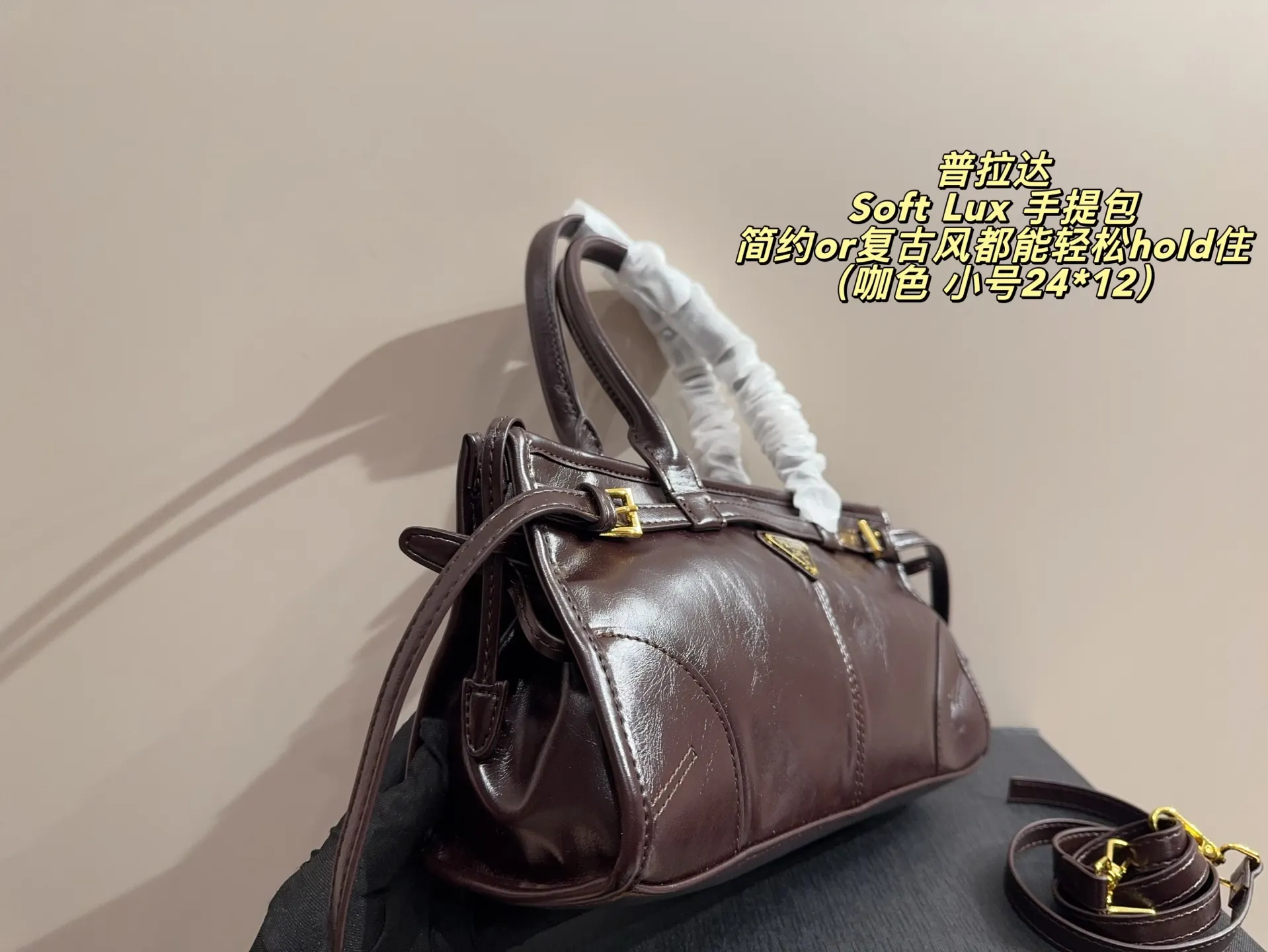 大号P165无盒⚠️尺寸32*14 小号P160无盒⚠️尺寸24*12 Prada 普拉达Soft Lux 手提包 柔软材质+经典三角Logo，低调又高级！短手柄设计，手提肩背都OK，通勤休闲都能驾驭✨。内部空间超能装，日常用品、小电器都能放下，实用又时髦。黑色质感满分，秋冬搭配深色系服饰超有范儿，简约or复古风都能轻松hold住，是功能与设计感兼具的时尚单品！