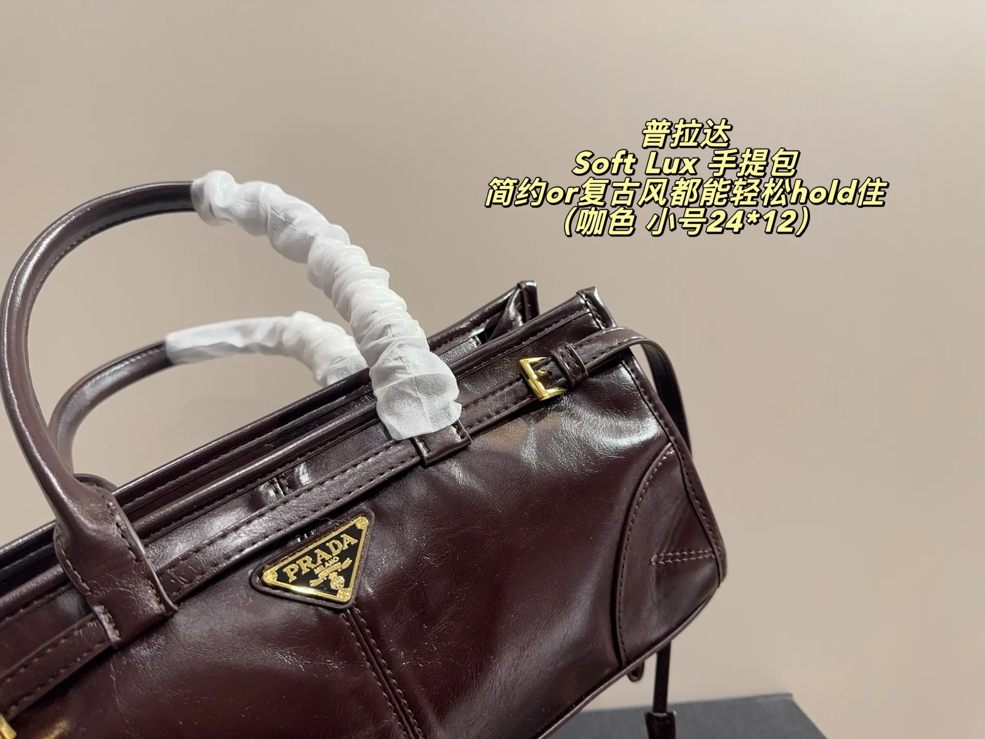 大号P165无盒⚠️尺寸32*14 小号P160无盒⚠️尺寸24*12 Prada 普拉达Soft Lux 手提包 柔软材质+经典三角Logo,低调又高级!短手柄设计,手提肩背都OK,通勤休闲都能驾驭✨。内部空间超能装,日常用品、小电器都能放下,实用又时髦。黑色质感满分,秋冬搭配深色系服饰超有范儿,简约or复古风都能轻松hold住,是功能与设计感兼具的时尚单品!