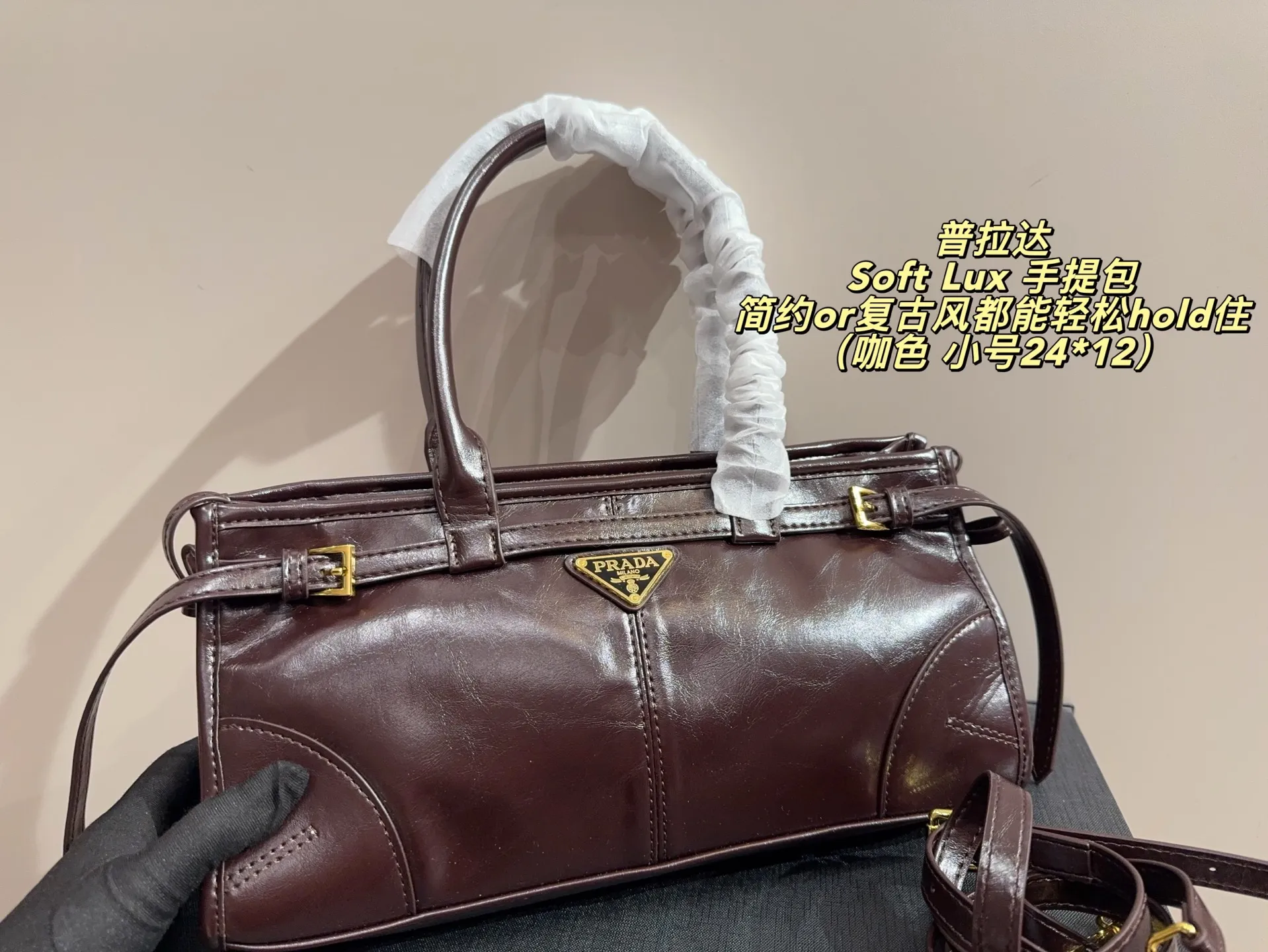 大号P165无盒⚠️尺寸32*14 小号P160无盒⚠️尺寸24*12 Prada 普拉达Soft Lux 手提包 柔软材质+经典三角Logo,低调又高级!短手柄设计,手提肩背都OK,通勤休闲都能驾驭✨。内部空间超能装,日常用品、小电器都能放下,实用又时髦。黑色质感满分,秋冬搭配深色系服饰超有范儿,简约or复古风都能轻松hold住,是功能与设计感兼具的时尚单品!