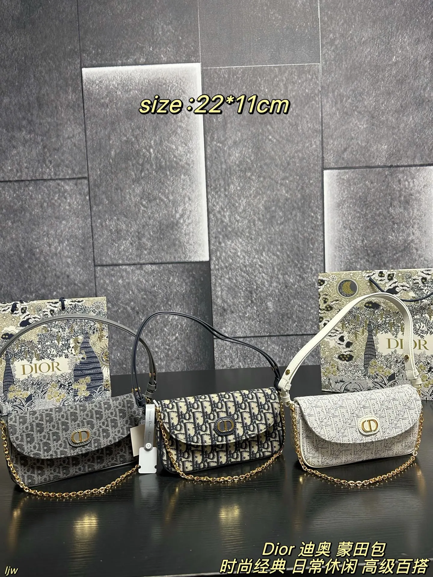 P165配盒 Dior 迪奥 蒙田包 迪奥新品，这只蒙田 D-Vine 真的越看越喜欢，白色老花提花带一点黑线细节，刚好是那种秋天的柔和质感，最可爱的是那个小狮子包挂！毛茸茸的、软软的，挂上去整只包都变得更俏皮～优雅和可爱这次全都拿捏住了🐾 尺寸：22*11cm