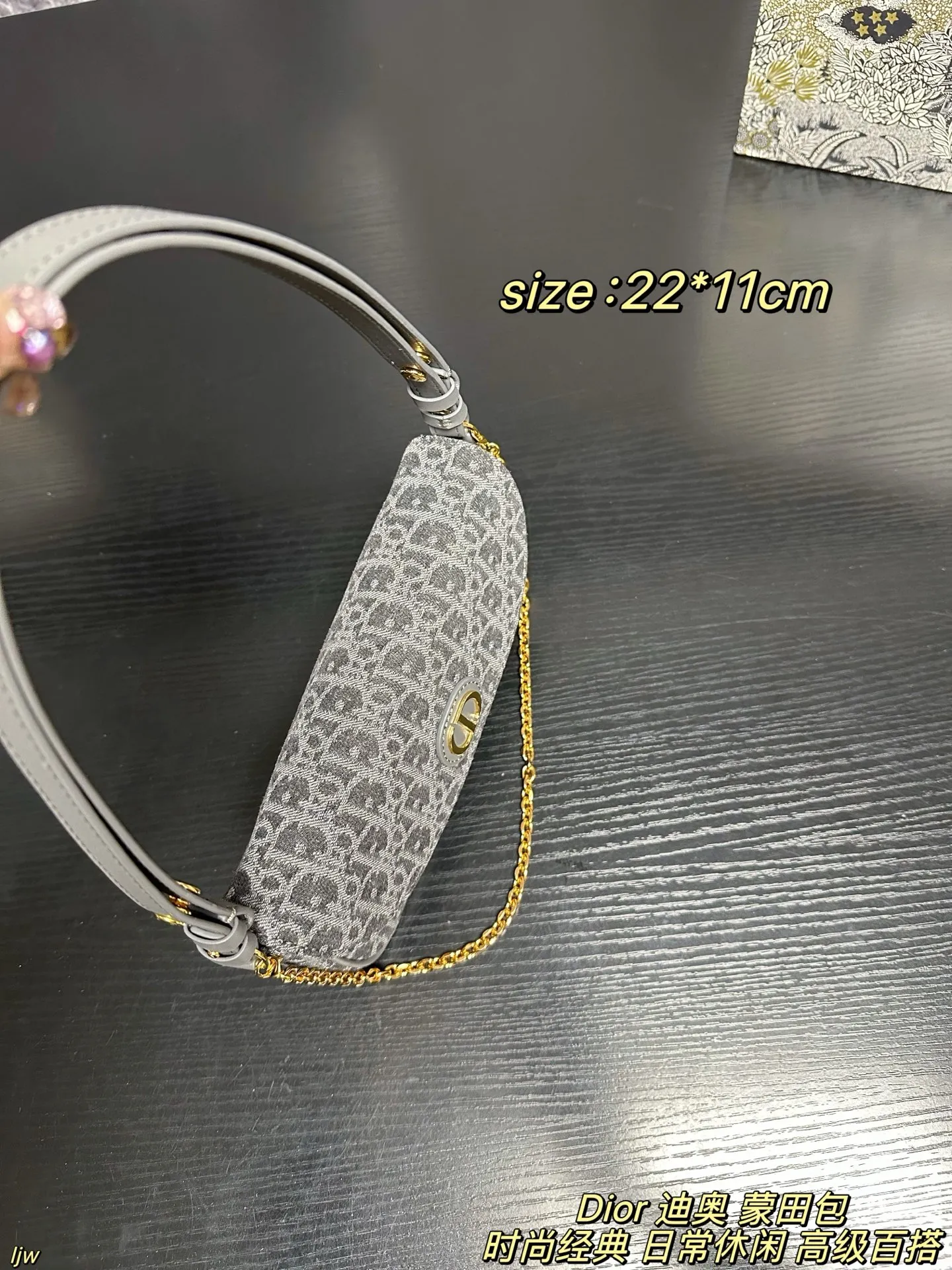 P165配盒 Dior 迪奥 蒙田包 迪奥新品，这只蒙田 D-Vine 真的越看越喜欢，白色老花提花带一点黑线细节，刚好是那种秋天的柔和质感，最可爱的是那个小狮子包挂！毛茸茸的、软软的，挂上去整只包都变得更俏皮～优雅和可爱这次全都拿捏住了🐾 尺寸：22*11cm