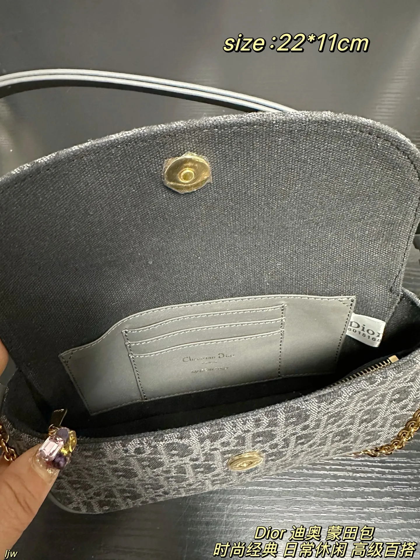 P165配盒 Dior 迪奥 蒙田包 迪奥新品，这只蒙田 D-Vine 真的越看越喜欢，白色老花提花带一点黑线细节，刚好是那种秋天的柔和质感，最可爱的是那个小狮子包挂！毛茸茸的、软软的，挂上去整只包都变得更俏皮～优雅和可爱这次全都拿捏住了🐾 尺寸：22*11cm