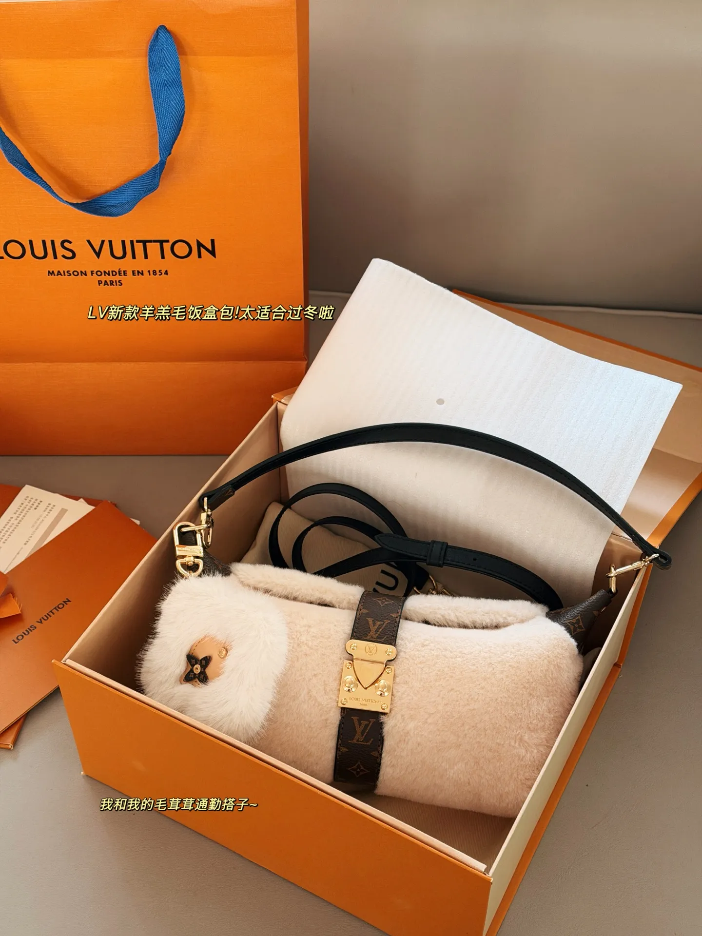 💰 180配盒 赠送挂件哦！ size：21.5*12cm L家 新款MIA饺子包 小小饭盒包拿捏 奶呼呼的毛绒包 摸起来像抱着一团云朵， 老花皮拼接+金属扣设计复古又高级 还有可爱的花朵挂饰加持 冬天背它出门，保暖又吸睛哦！