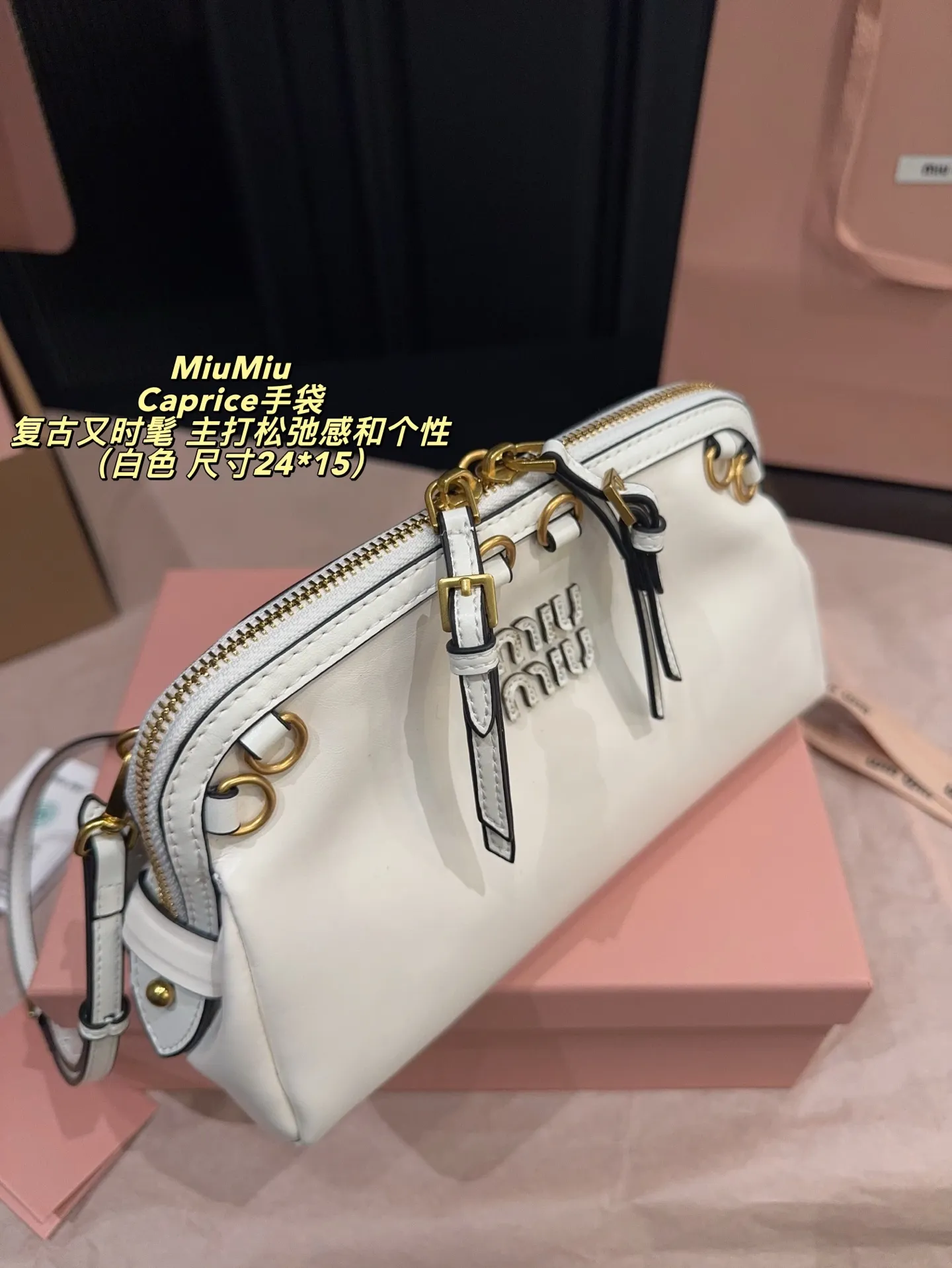 P260配盒⚠️尺寸24*15 MiuMiu 缪缪 Caprice手袋 采用做旧小牛皮,金属拉链+环扣设计,复古又时髦。贝壳包型,尺寸适中,日常通勤或休闲都很百搭。肩带可调节,支持手提、腋下、斜挎多种背法,灵活实用!Caprice 系列主打松弛感和个性,超适合喜欢时尚的姐妹们。