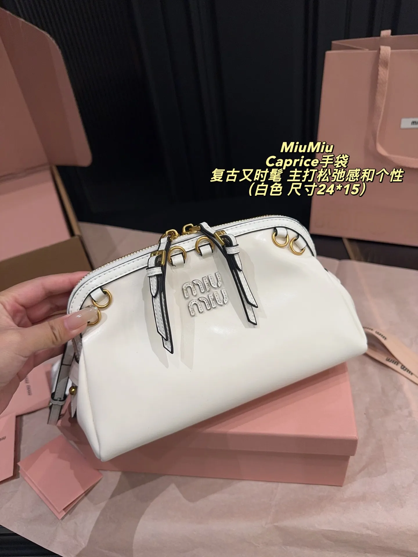 P260配盒⚠️尺寸24*15 MiuMiu 缪缪 Caprice手袋 采用做旧小牛皮,金属拉链+环扣设计,复古又时髦。贝壳包型,尺寸适中,日常通勤或休闲都很百搭。肩带可调节,支持手提、腋下、斜挎多种背法,灵活实用!Caprice 系列主打松弛感和个性,超适合喜欢时尚的姐妹们。