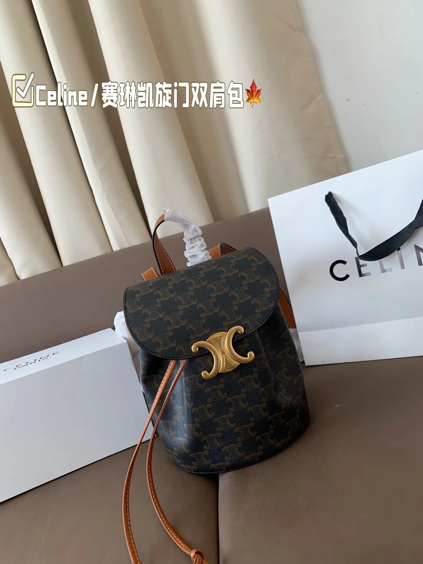 P150 Celine/赛琳TRIOMPHE 凯旋门老花双肩包Lisa同款 将复古元素与一向拿手的利落线条 尺寸18*23 折叠盒