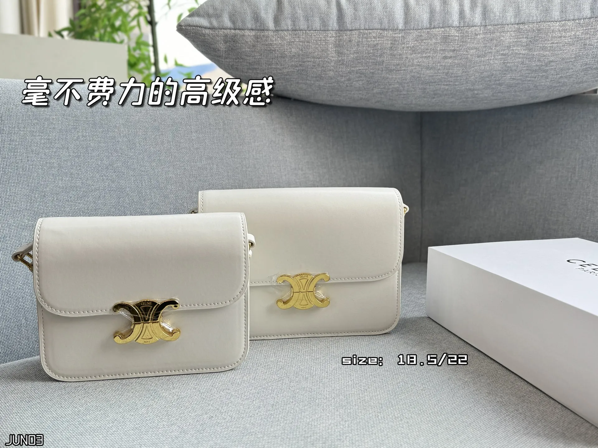 大💰155 折叠盒 小💰150 折叠盒 size：22&times;16/18.5&times;14.5 CELINE赛琳 Triomphe 豆腐包 单肩包斜挎包 毫不费力的高级感✨Celine凯旋门轻松拿捏 🖤Celine 凯旋门黑金腋下包 轻便，容量刚好，通勤、休闲、甜酷风都很适合 包包全身都是Box皮的质感 夏天搭配露肤上衣 有种精致都市丽人的感觉 低调有质感 百搭且不会过时