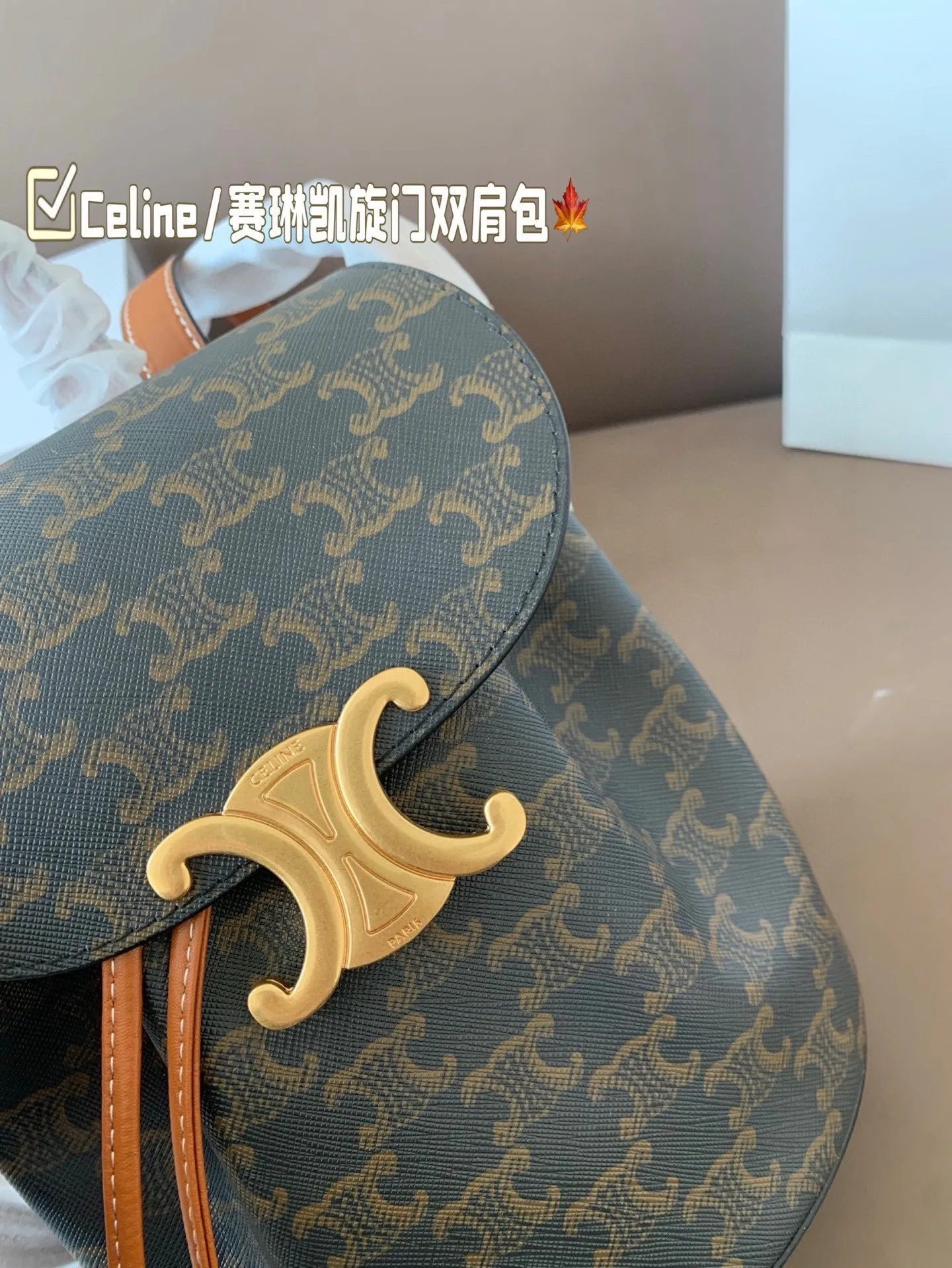 P150 Celine/赛琳TRIOMPHE 凯旋门老花双肩包Lisa同款 将复古元素与一向拿手的利落线条 尺寸18*23 折叠盒