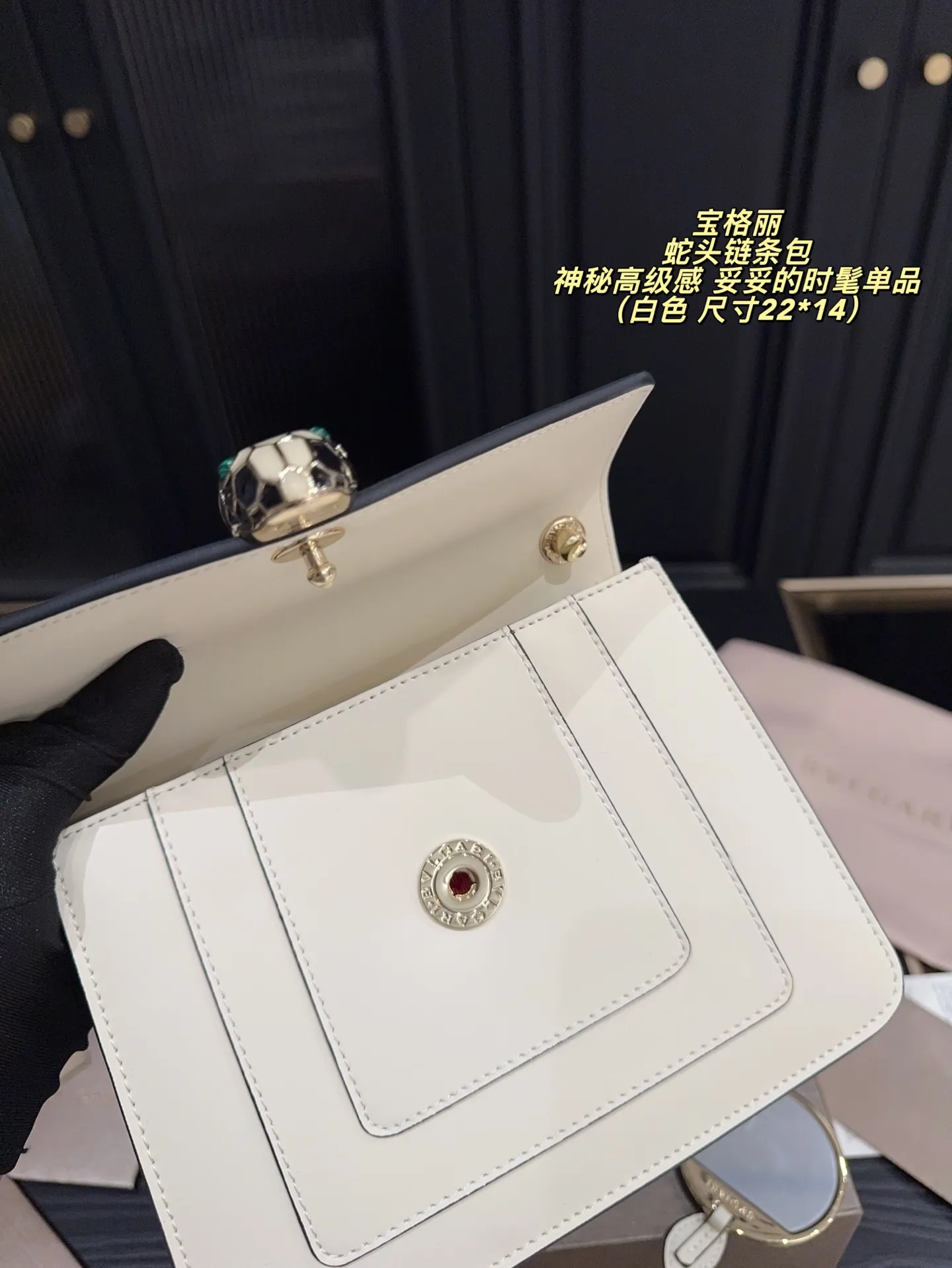 P195配折叠盒⚠️尺寸22*14 宝格丽 BVLGARI蛇头链条包 配小镜子 冷艳优雅 女神都爱背的宝格丽蛇头包 轻松get 名媛风 包包实物材质细节做的很有质感 蛇头锁扣是珐琅材质 搭配的宝石拼色给整只包增添了神秘高级感 妥妥的时髦单品了