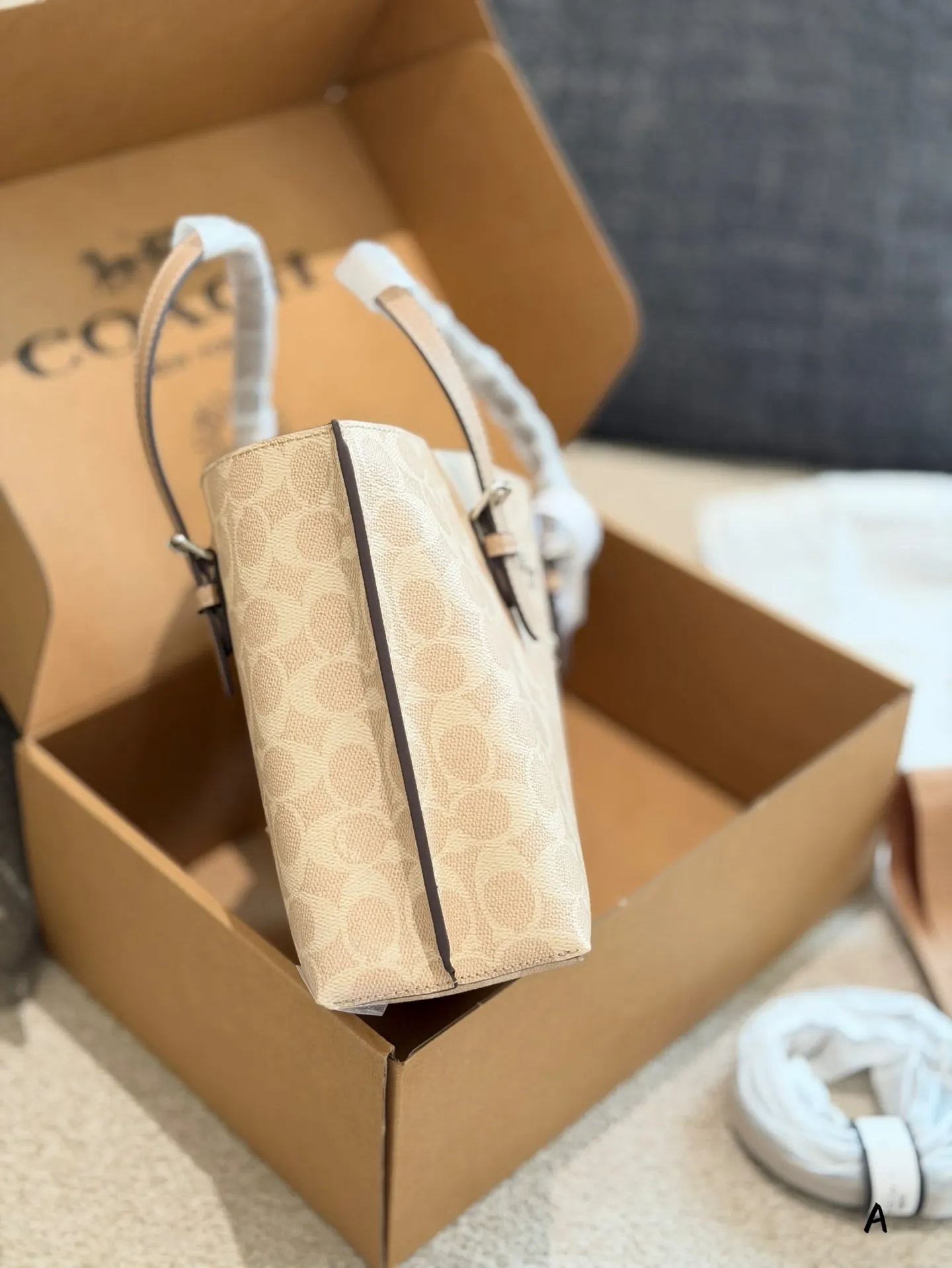 p170 Coach Mollie 25奶茶色托特包 👜Coach Mollie 25奶茶色托特包,经典老花PVC材质+棕色皮革饰边,简约又耐用!25cm小巧尺寸,容量超能装,通勤日常都OK✨。手提、斜挎、单肩多种背法,肩带还能随心换,搭配超灵活~奶茶色温柔百搭,四季都能轻松驾驭,是实用又时髦的通勤神器!