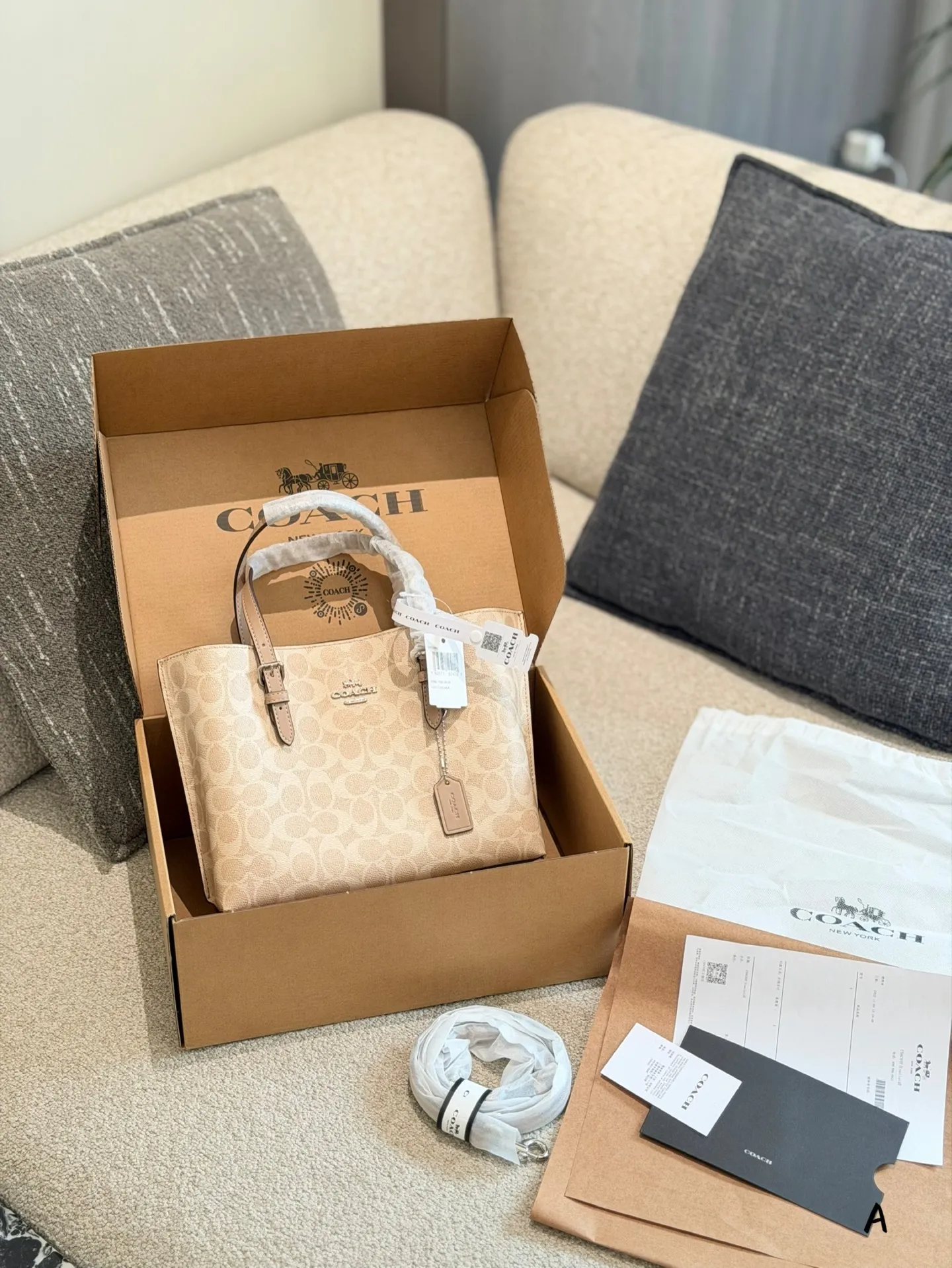 p170 Coach Mollie 25奶茶色托特包​​ 👜Coach Mollie 25奶茶色托特包，经典老花PVC材质+棕色皮革饰边，简约又耐用！25cm小巧尺寸，容量超能装，通勤日常都OK✨。手提、斜挎、单肩多种背法，肩带还能随心换，搭配超灵活～奶茶色温柔百搭，四季都能轻松驾驭，是实用又时髦的通勤神器！