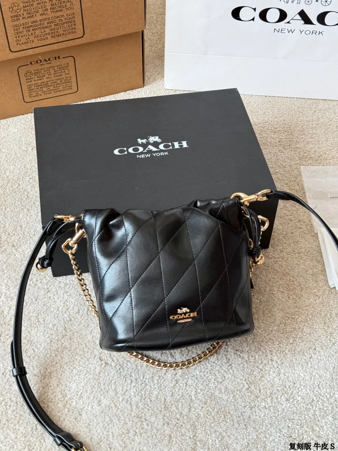 复刻版牛皮 p195 Coach Faye迷你抽绳水桶包 Coach Faye迷你抽绳水桶包，奶白色全皮+金属链条，简约优雅又百搭！抽绳设计超灵活，链条可调节，手提、单肩、斜挎都OK，通勤休闲都能驾驭。包身小巧但容量实用，手机、口红、钥匙轻松收纳。柔软皮质+褶皱细节，质感满分，秋冬搭配裙子或牛仔裤都很出彩，温柔又俏皮，是穿搭点睛之选 尺寸 18 15cm