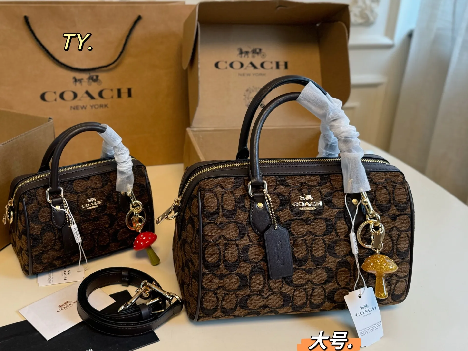 P175 大号(飞机盒➕挂件) size:25×16大号 COACH蔻驰雪尼尔Rowan波士顿枕头包❤️ 雪尼尔老花配色,更加精致可爱! 同时能满足手机和日常出门物品, 小小包身大大容量,非常实用~ 非常百搭,不轻易过时的款式❗️