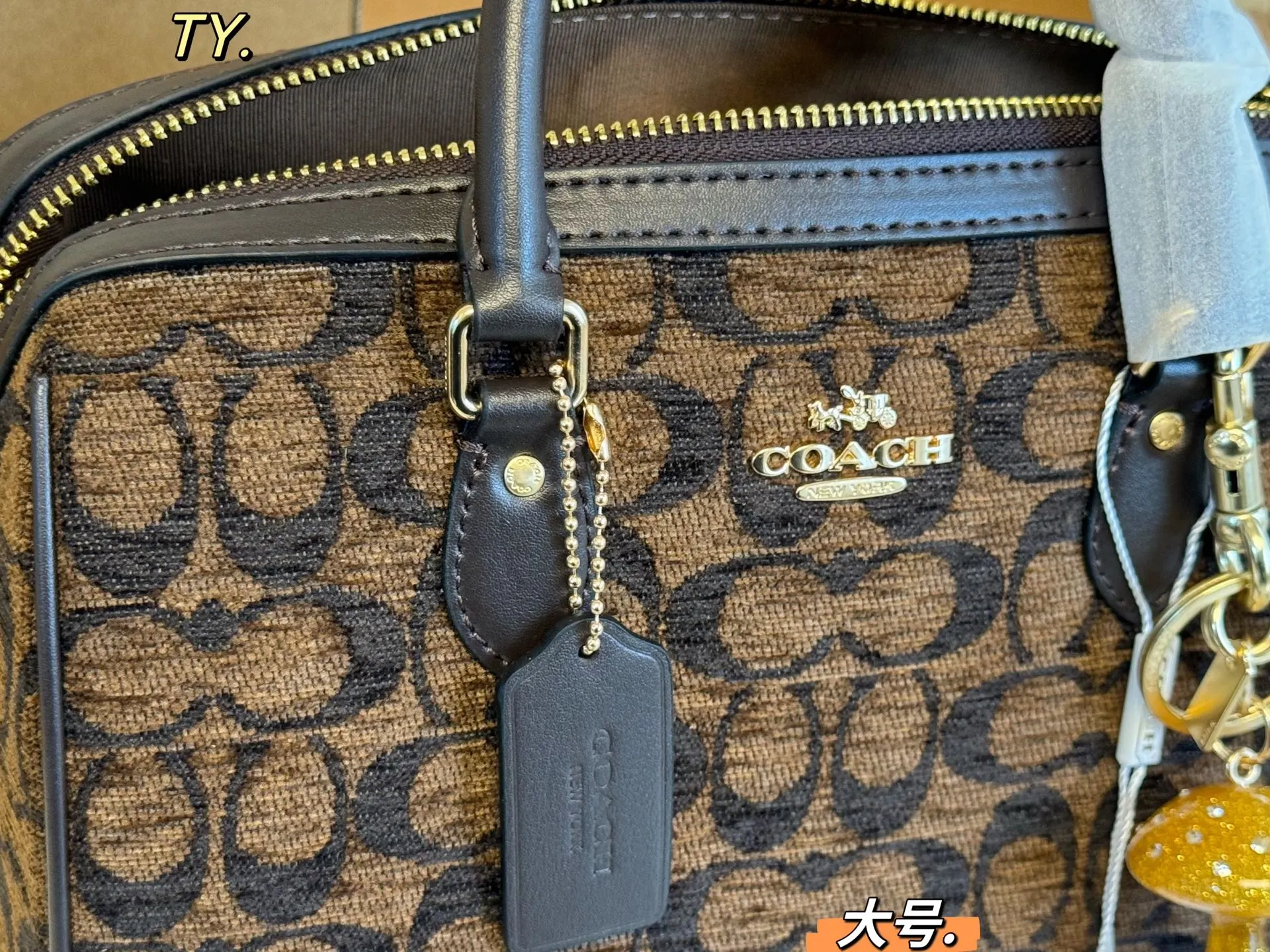 P175 大号(飞机盒➕挂件) size:25×16大号 COACH蔻驰雪尼尔Rowan波士顿枕头包❤️ 雪尼尔老花配色,更加精致可爱! 同时能满足手机和日常出门物品, 小小包身大大容量,非常实用~ 非常百搭,不轻易过时的款式❗️