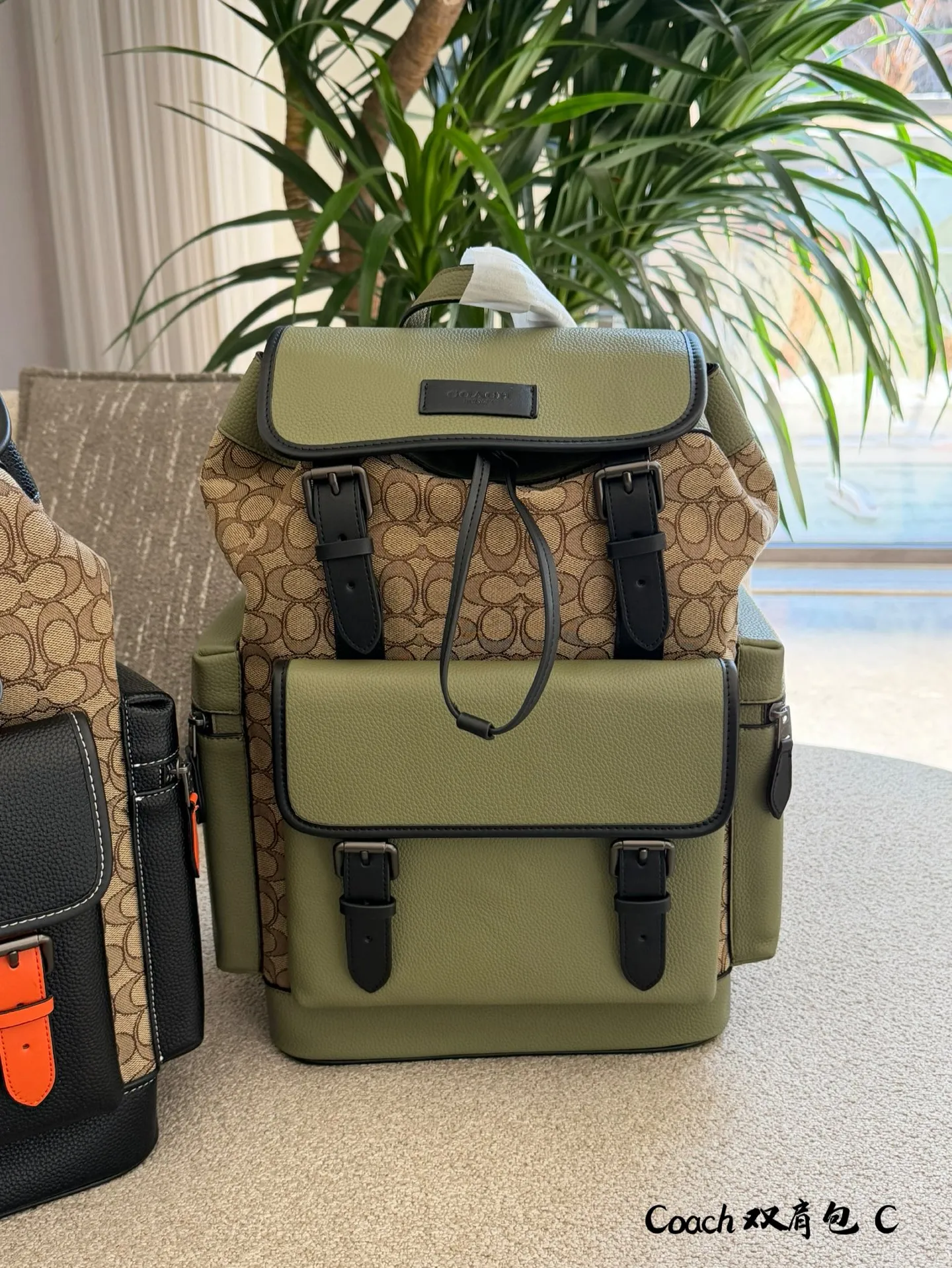 Coach Sprint双肩包p190 🎒Coach Sprint双肩包,经典C印花提花织布+黑色鹅卵石牛皮拼接,橙色皮革扣带点缀,复古又时髦✨。翻盖搭扣+抽绳开合,安全感满满,正面口袋可放手机,内部空间超大,15寸笔记本轻松装下,通勤、旅行、户外都OK!肩带可调节,背起来超舒服,实用又百搭,是功能与时尚兼具的必备单品🔥。19×45无盒