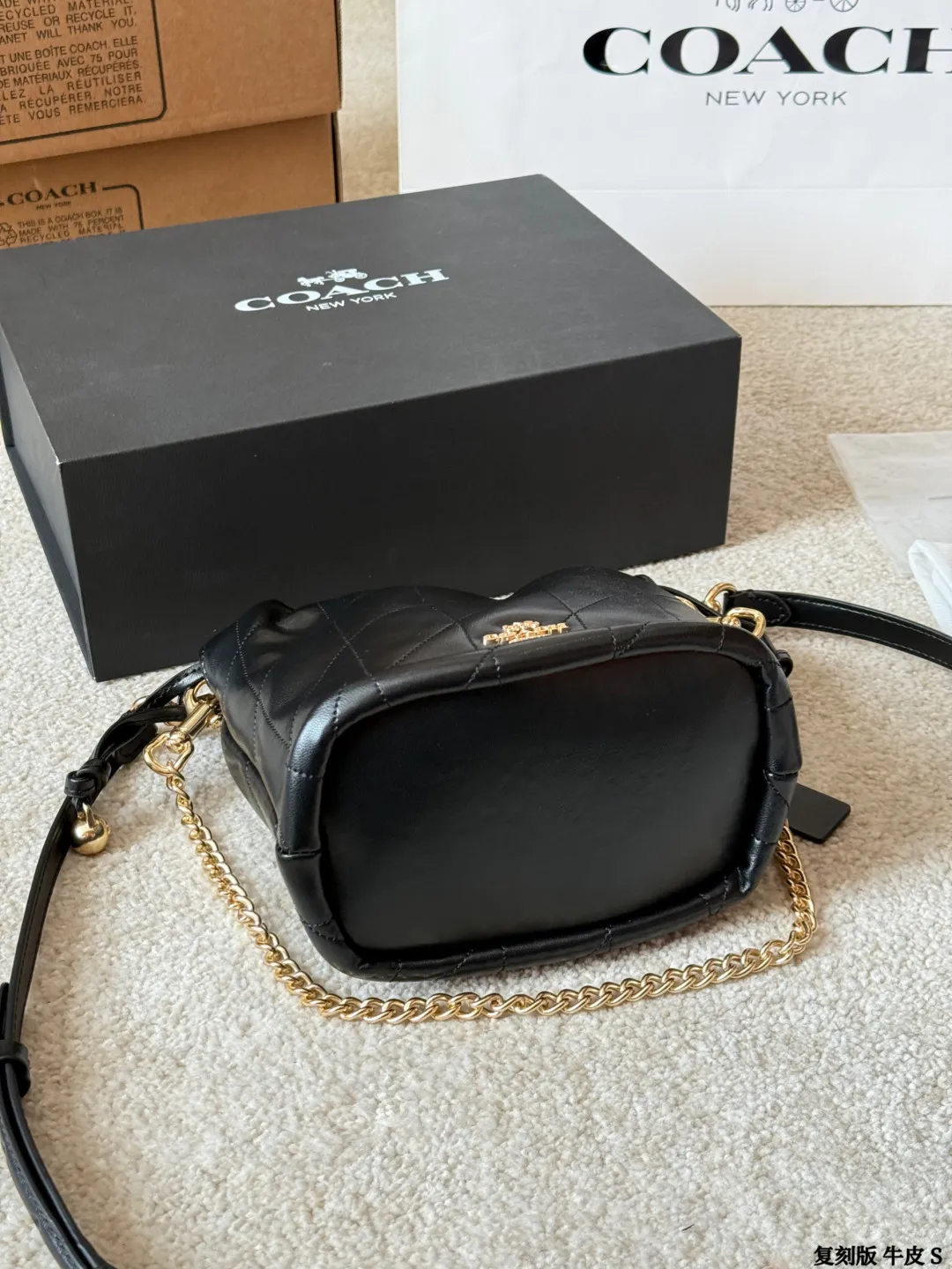 复刻版牛皮 p195 Coach Faye迷你抽绳水桶包 Coach Faye迷你抽绳水桶包,奶白色全皮+金属链条,简约优雅又百搭!抽绳设计超灵活,链条可调节,手提、单肩、斜挎都OK,通勤休闲都能驾驭。包身小巧但容量实用,手机、口红、钥匙轻松收纳。柔软皮质+褶皱细节,质感满分,秋冬搭配裙子或牛仔裤都很出彩,温柔又俏皮,是穿搭点睛之选 尺寸 18 15cm