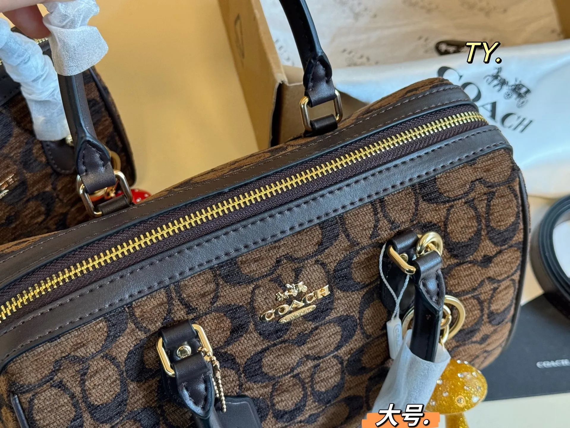 P175 大号（飞机盒➕挂件） size：25&times;16大号 COACH蔻驰雪尼尔Rowan波士顿枕头包❤️ 雪尼尔老花配色，更加精致可爱！ 同时能满足手机和日常出门物品， 小小包身大大容量，非常实用～ 非常百搭，不轻易过时的款式❗️