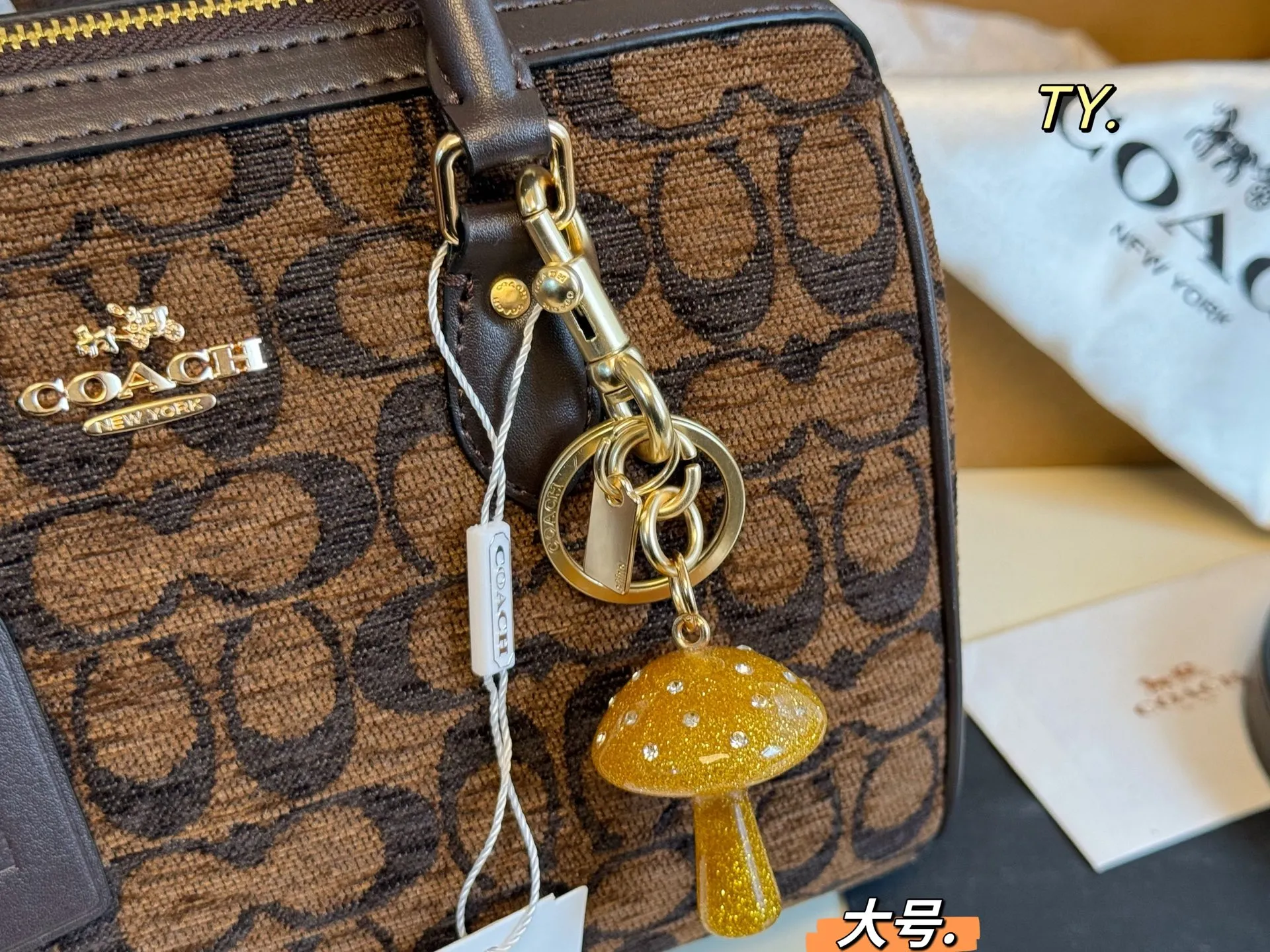 P175 大号(飞机盒➕挂件) size:25×16大号 COACH蔻驰雪尼尔Rowan波士顿枕头包❤️ 雪尼尔老花配色,更加精致可爱! 同时能满足手机和日常出门物品, 小小包身大大容量,非常实用~ 非常百搭,不轻易过时的款式❗️