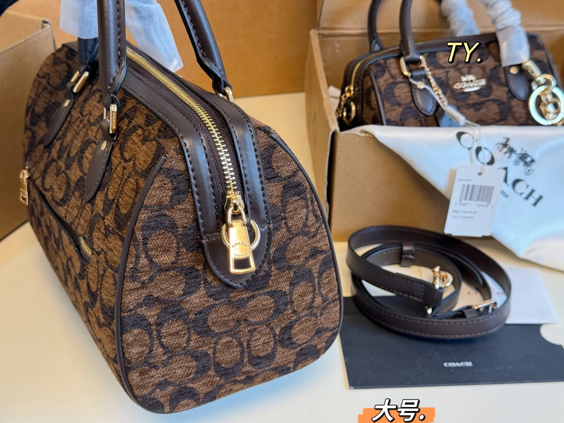P175 大号（飞机盒➕挂件） size：25&times;16大号 COACH蔻驰雪尼尔Rowan波士顿枕头包❤️ 雪尼尔老花配色，更加精致可爱！ 同时能满足手机和日常出门物品， 小小包身大大容量，非常实用～ 非常百搭，不轻易过时的款式❗️