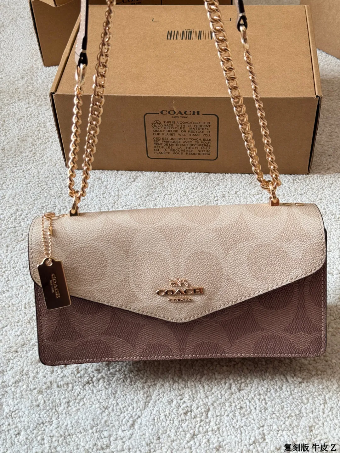 复刻版 牛皮 p175 COACH Klare链条信封包 +COACH Klare链条信封包，经典拼色设计，耐磨防水 PVC材质，日常打理超方便！信封型包身＋金属链条肩带，单肩斜挎都OK，时尚又实用山。风琴夹层+磁吸扣，收纳手机、钱包、化妆品超顺手，容量适中，通勤出街都很适合。简约优雅风格，百搭不挑衣服，轻松提升穿搭质感，是实用与美貌兼具的包包选择！尺寸 26 12cm