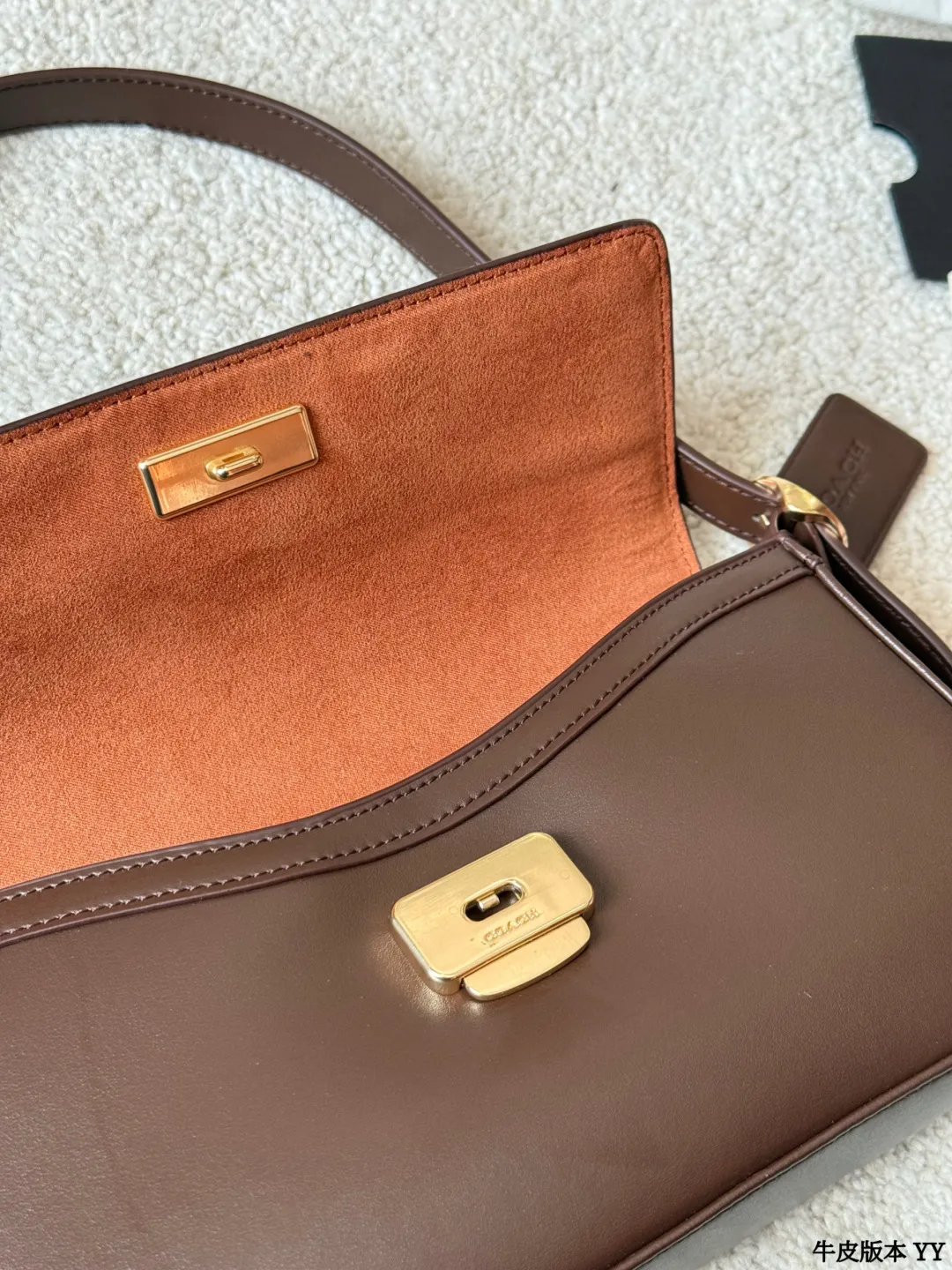 牛皮版本 p195 Coach E tta小号腋下包 tCoach Etta小号腋下包，选用全皮牛皮，栗红色调超复古，金属扣件点缀细节感满满 轻巧便携，肩带可调节，支持手提、单肩、斜挎多种背法，通勤约会都很适合！内部空间合理，手机、化妆品轻松收纳国皇。经典设计+百搭属性，秋冬大衣毛衣必备，优雅气质直接拉满 尺寸约24x14cm