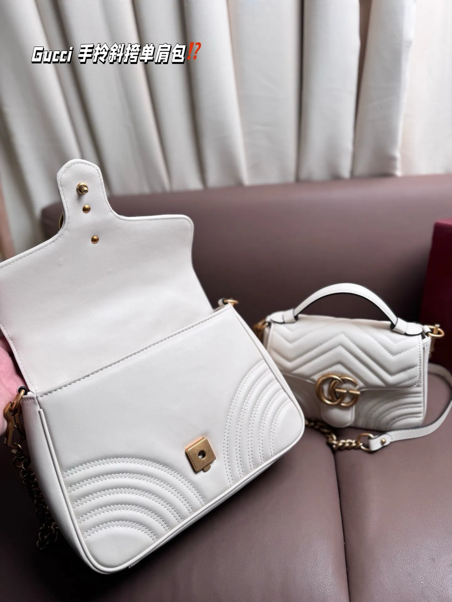 大P180 小P170 复刻版 Gucci 手拎斜挎单肩包 从上一季就火遍时尚圈 GG Marmont 今年风头依然不减 标志性的双G 1ogo带着 GucCi文艺浪漫的故事 新出的系列增加了提手 将复古与华丽演绎的淋漓尽致 尺汁：大号26*19cm 小号20*14