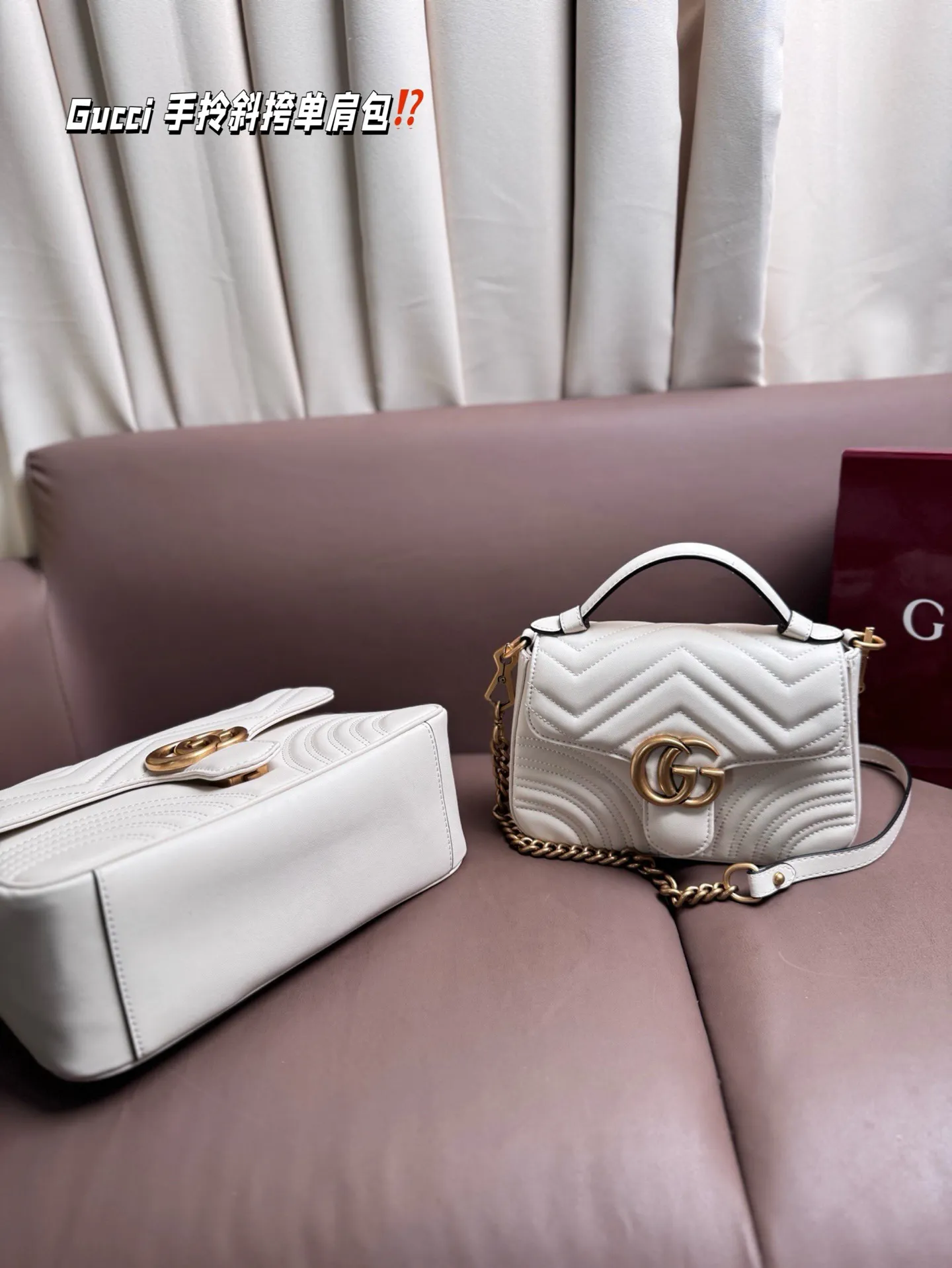 大P180 小P170 复刻版 Gucci 手拎斜挎单肩包 从上一季就火遍时尚圈 GG Marmont 今年风头依然不减 标志性的双G 1ogo带着 GucCi文艺浪漫的故事 新出的系列增加了提手 将复古与华丽演绎的淋漓尽致 尺汁：大号26*19cm 小号20*14