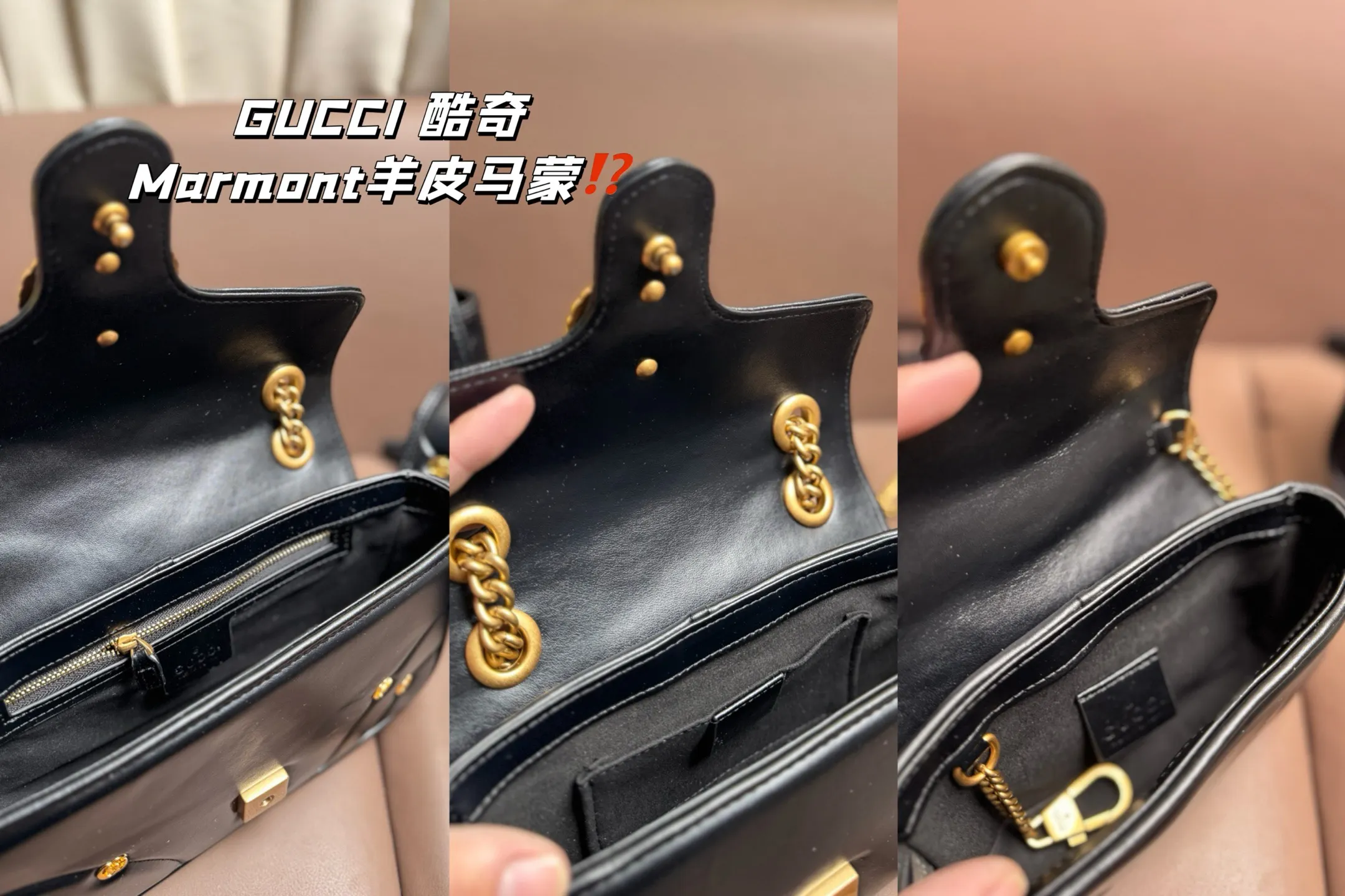 大P190 中P185 小P160 复刻版 小羊皮 GUCCI 酷奇|Marmont羊皮马蒙包 GG Marmont 系列肩背包采用柔软加村设计,以粉色GG Matelasse 皮革精制而成,精心缀饰小巧双G铆钉和拧花饰带双G造型装饰配件。通过滑链肩带设计,肩背包可轻松转换成双提手式手提包,成就多种背携选择。 粉色绗缝V型皮革 金色调配件 双G铆钉贴花 超细纤维衬里 拉链内袋 滑链包带可作为肩带 (55厘米高)或顶部提手 (30厘米高)使用。 弹簧扣翻盖 尺寸 大号26*15 中号22*13 小号17 *10