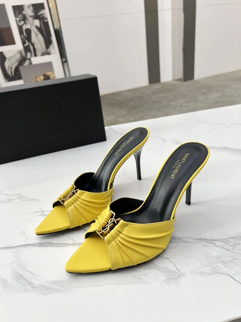 p210 YSL拖鞋，原版字母扣，手工捏皱，羊皮面，羊皮里，意大利真皮大底，跟高9厘米（原版跟高），34码到41码