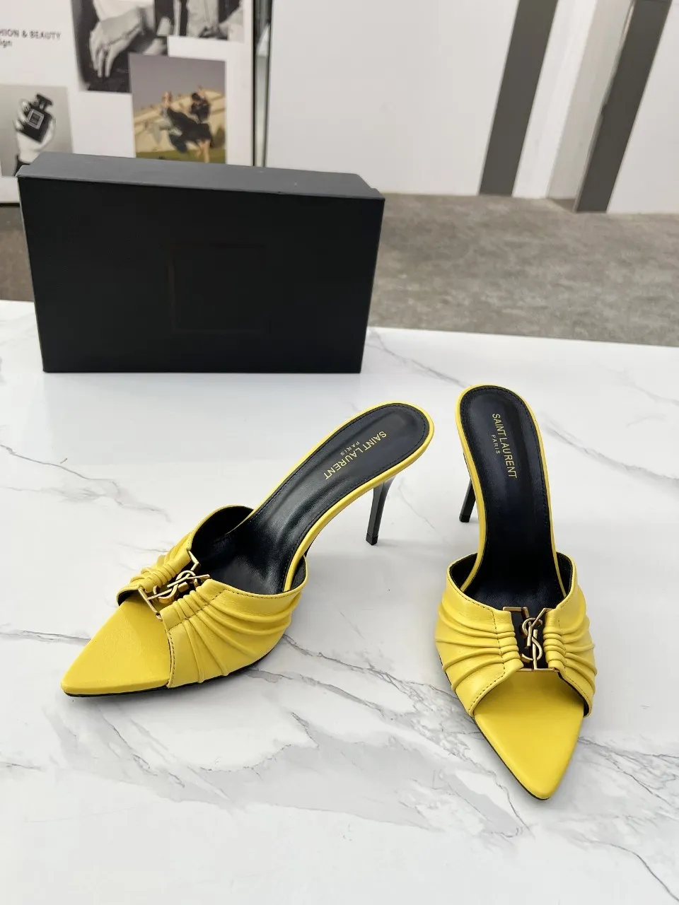 p210 YSL拖鞋,原版字母扣,手工捏皱,羊皮面,羊皮里,意大利真皮大底,跟高9厘米(原版跟高),34码到41码