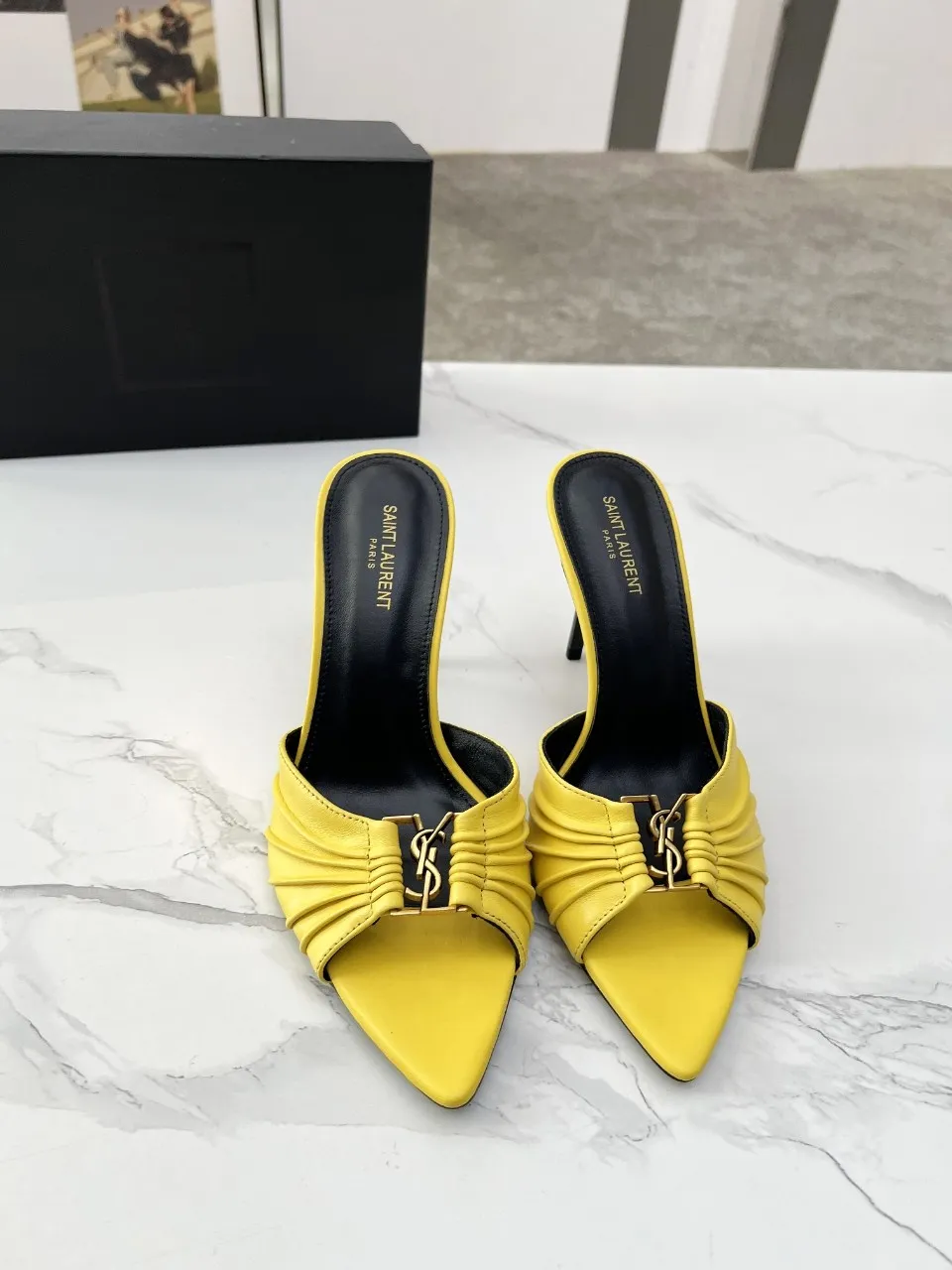 p210 YSL拖鞋，原版字母扣，手工捏皱，羊皮面，羊皮里，意大利真皮大底，跟高9厘米（原版跟高），34码到41码