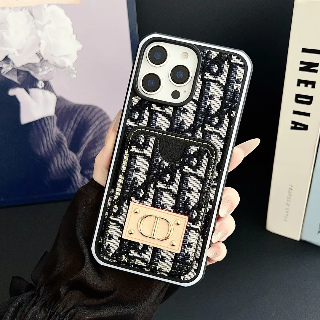 Dior迪奥 牛仔插卡款 铆钉贴皮金标 双色边壳（11-16PM,7-11PRO和三星型号用黑色边框）